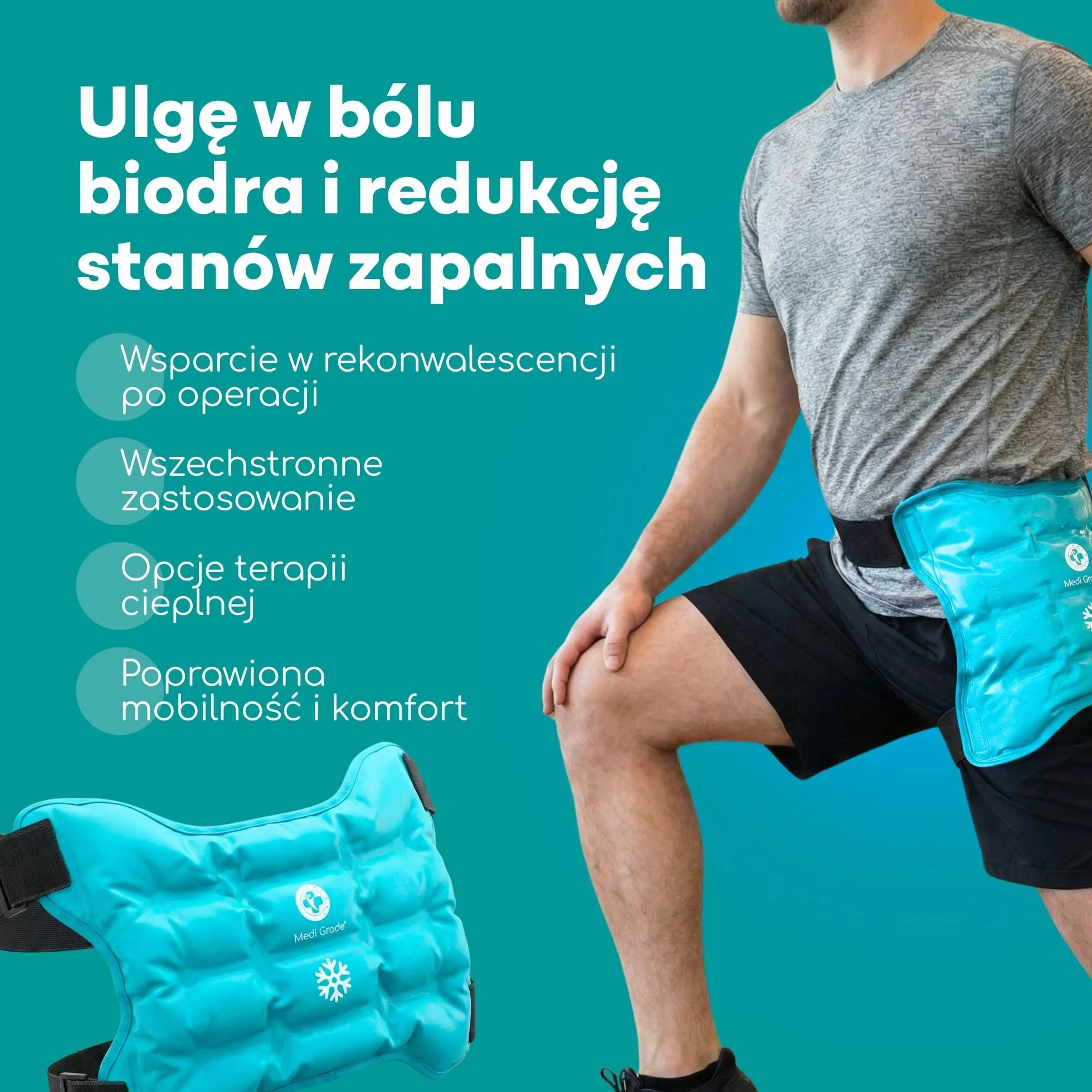 Medi Grade Okład Chłodzący na Biodro - Elastyczna Opaska na Biodro z Regulowanym Paskiem - Wielorazowy Okład Żelowy Chłodzący do Terapii Zimnem - Regeneracja Biodra - Codzienne Wsparcie Mobilności