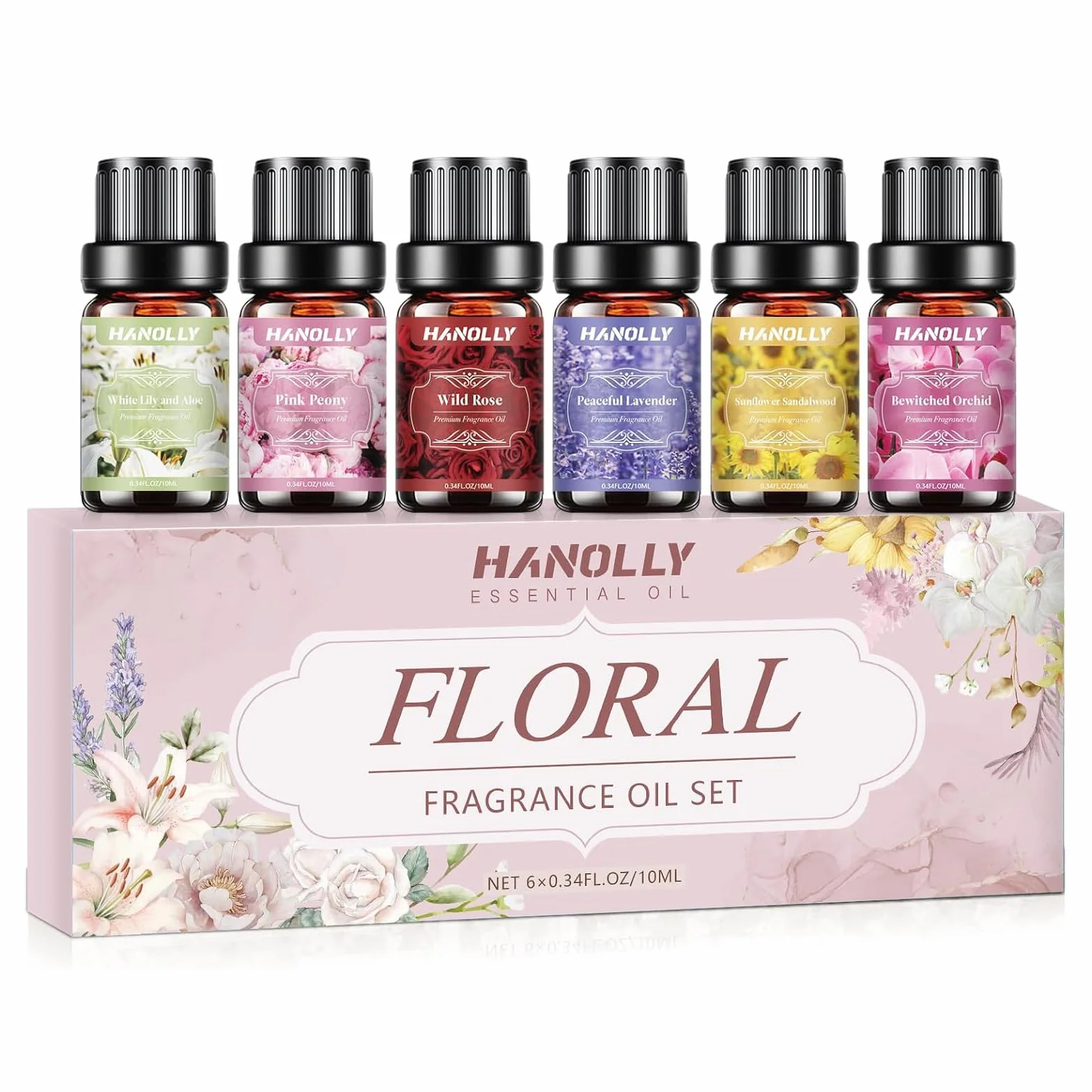 Hanolly 6 x 10 ml Zestaw Kwiatowych Olejków Eterycznych, Naturalne Olejki Zapachowe Do Dyfuzorów – Biała Lilia I Aloes, Różowa Piwonia, Dzika Róża, Słonecznik, Drzewo Sandałowe, Orchidea, Lawenda