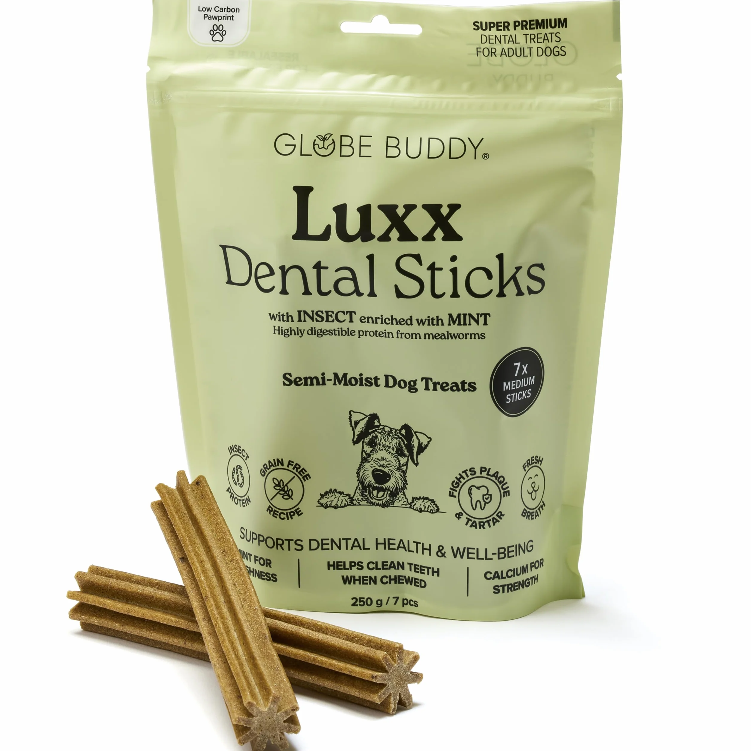 Luxx Dentystyczne Przysmaki dla Psów – Bezzbożowe Gryzaki z Białkiem z Owadów, Miętą & SHMP – 7 Super Premium Smakołyków (250g)