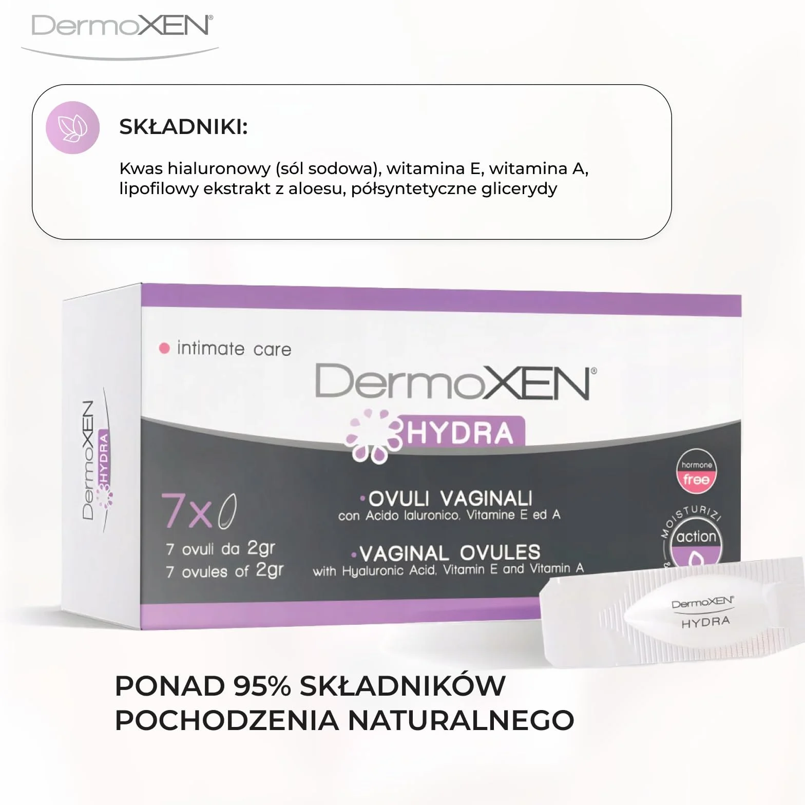 DermoXEN Hydra Globulki dopochwowe z kwasem hialuronowym i aloesem | Nawilżenie pochwy | Naturalna pielęgnacja intymna | Bez hormonów | Suchość pochwy | 7 globulek