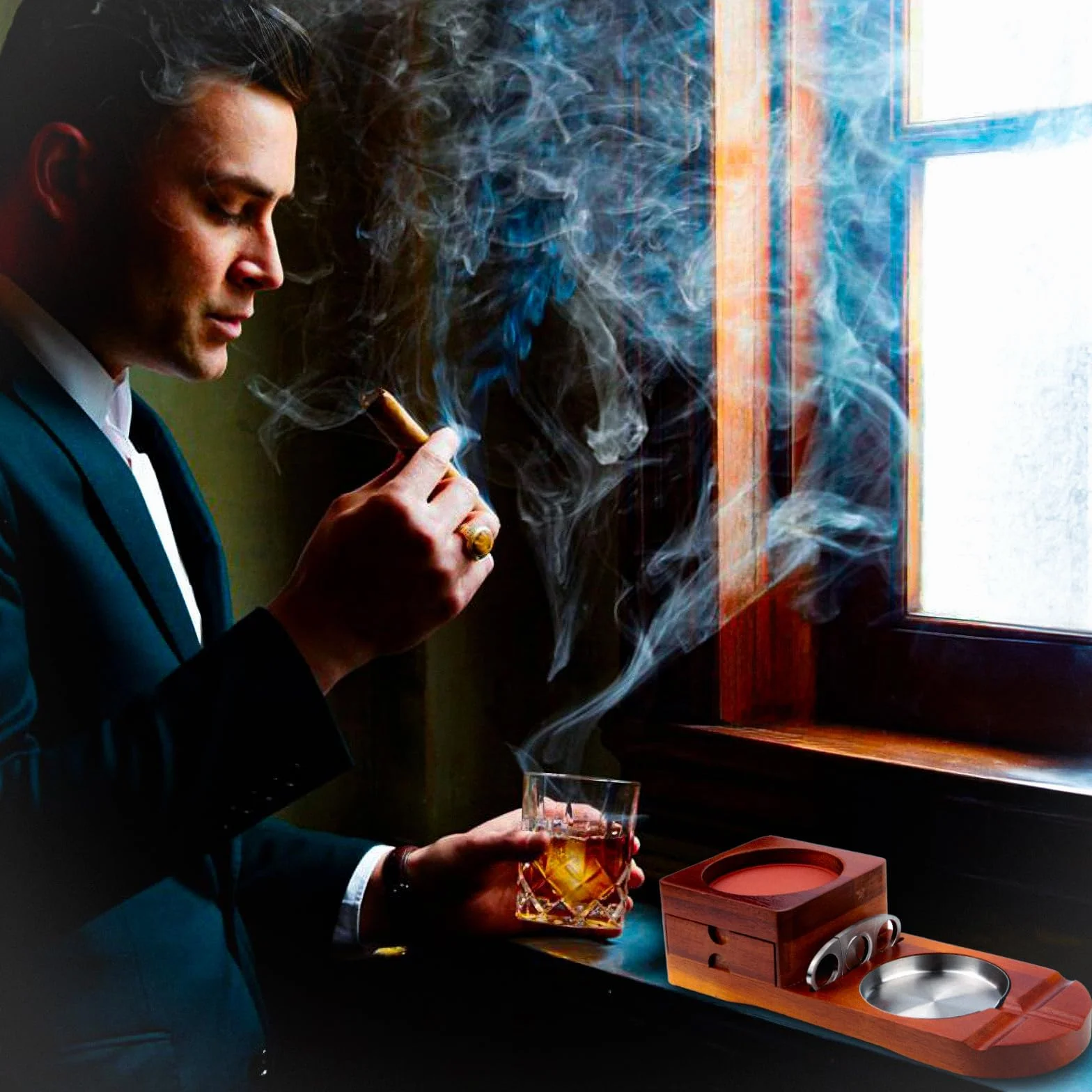 Zestaw drewnianych popielniczka do cygar Cuban Cigar Ashtray akcesoria do cygar Smoker kubańskie cygara whisky zestaw prezentowy do cygar ze zdejmowaną szufladą i obcinaczem do cygar do domu, biura