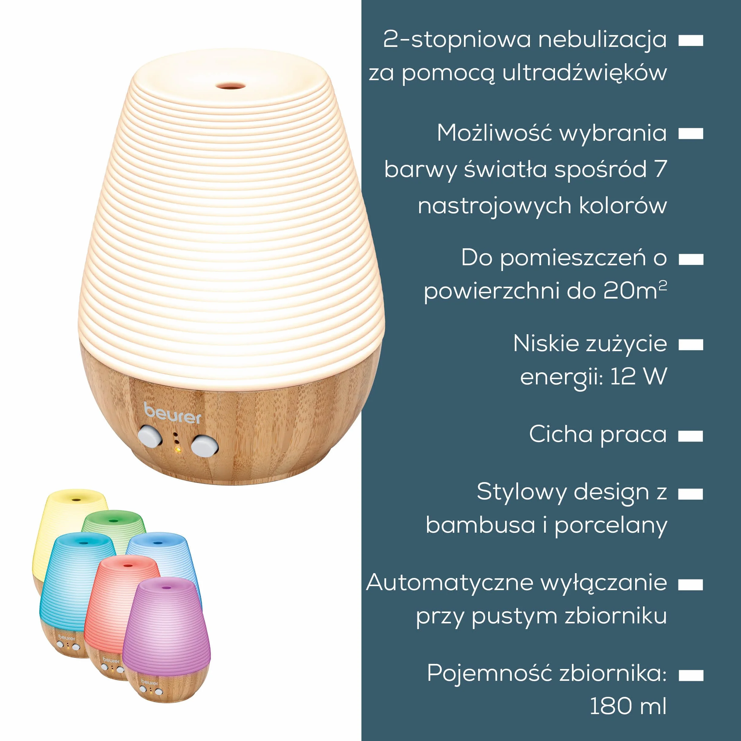 Beurer LA 40 Aroma Diffuser, nebulizator ultradźwiękowy ze światłem wellness, drewno
