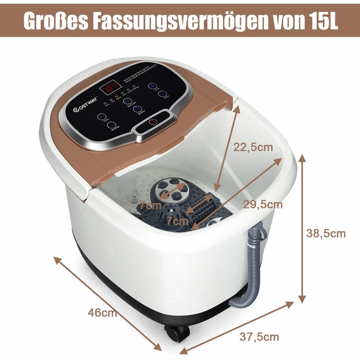 COSTWAY Shiatsu masażer do stóp z kółkami, elektryczne urządzenie do masażu stóp, Shiatsu, masażer stóp, spa, 10-60 min, timer 35-48℃, 500 W (brązowy)