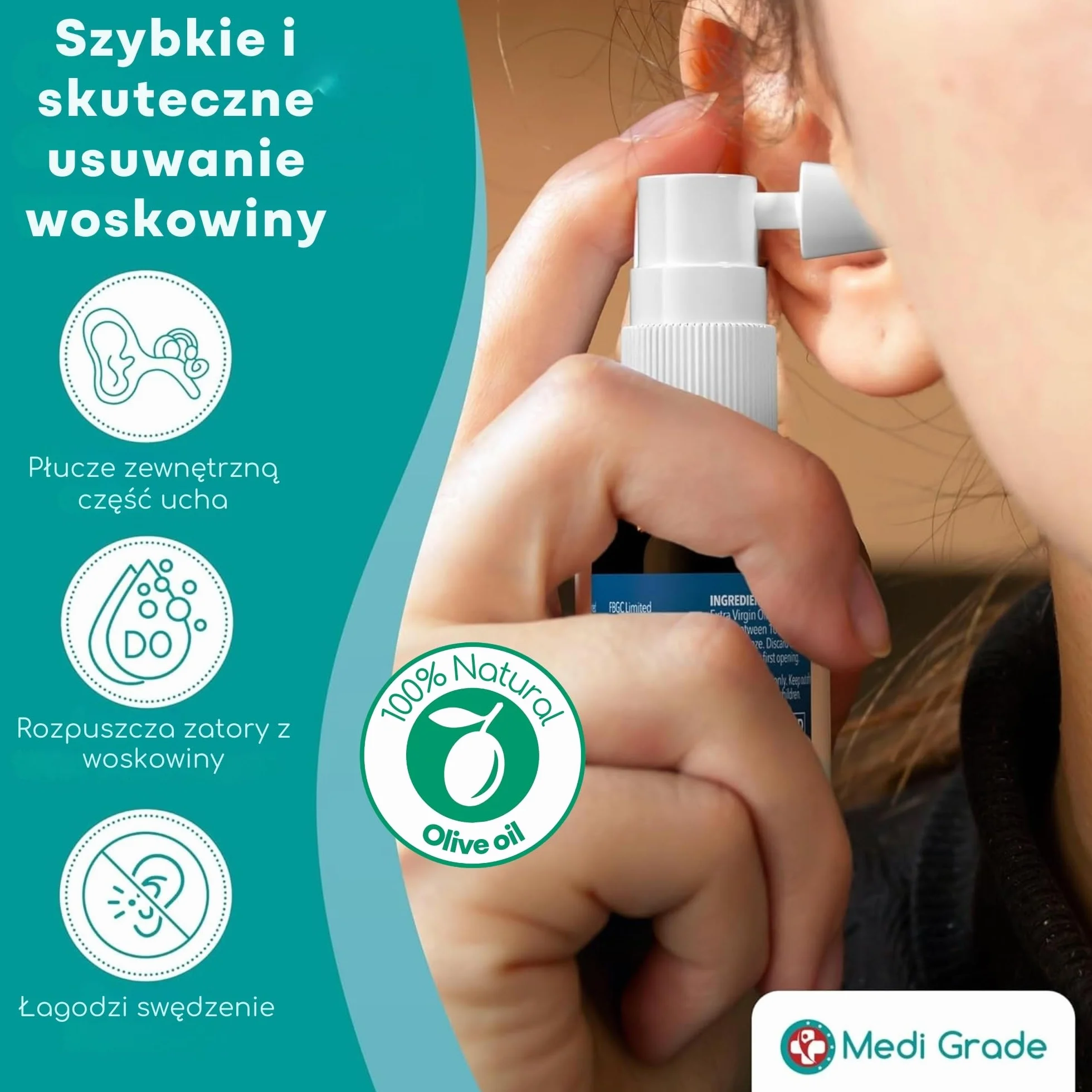 Medi Grade Olejek do Uszu w Sprayu 20ml Naturalny na Zatkane Uszy Usuwanie Woskowiny