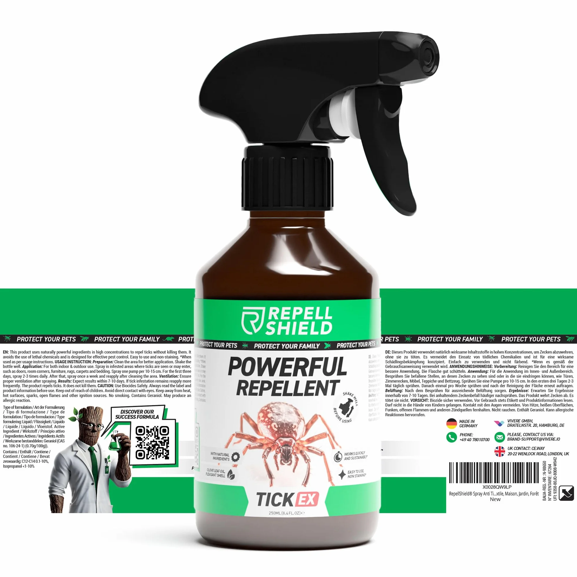 RepellShield Natural Tick Protection - 250ml - Przyjazny dla skóry spray na kleszcze jako bariera ochronna dla ludzi, spray na owady do ciała i środek odstraszający kleszcze dla kotów i psów