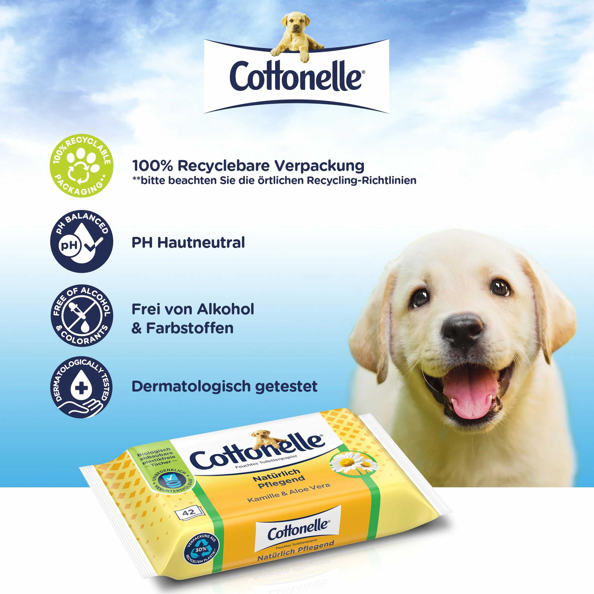 Cottonelle Wilgotny papier toaletowy, naturalnie pielęgnujący – rumianek i aloes, biodegradowalny, nie zawiera plastiku, możliwość ponownego zamknięcia, opakowanie ekonomiczne, 12 x 42 chusteczki