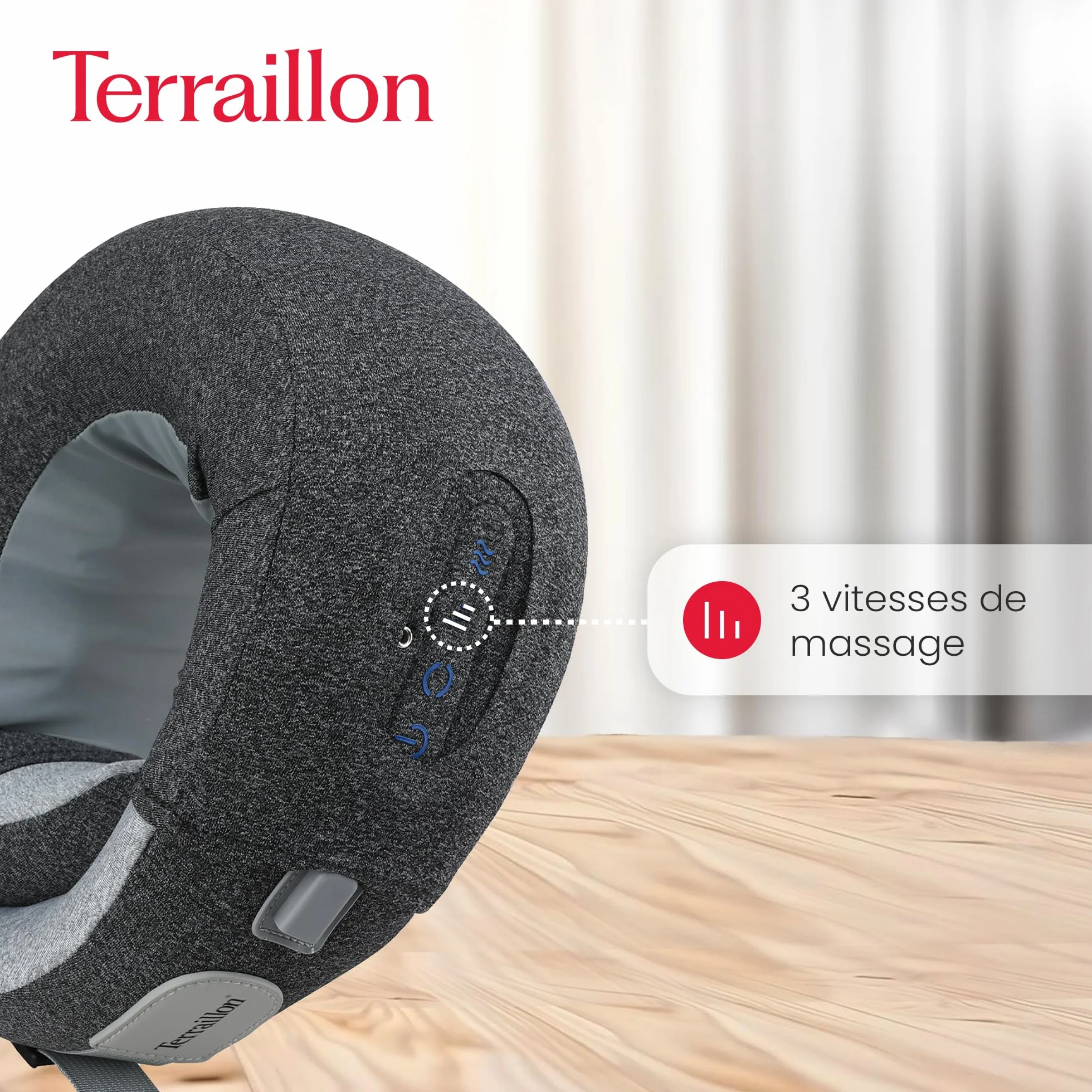TERRAILLON - MASAŻER NECK, poduszka do masażu szyi i szyi, masaż Shiatsu, 3 prędkości masażu, 2 kierunki obrotów, opcja ogrzewania, regulowany pasek, USB-C