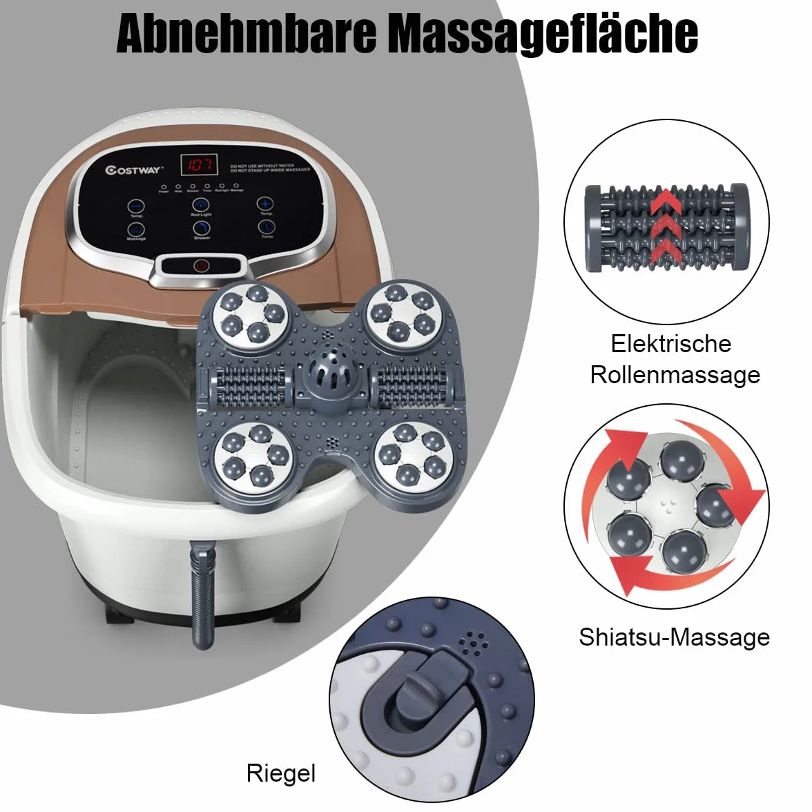 COSTWAY Shiatsu masażer do stóp z kółkami, elektryczne urządzenie do masażu stóp, Shiatsu, masażer stóp, spa, 10-60 min, timer 35-48℃, 500 W (brązowy)