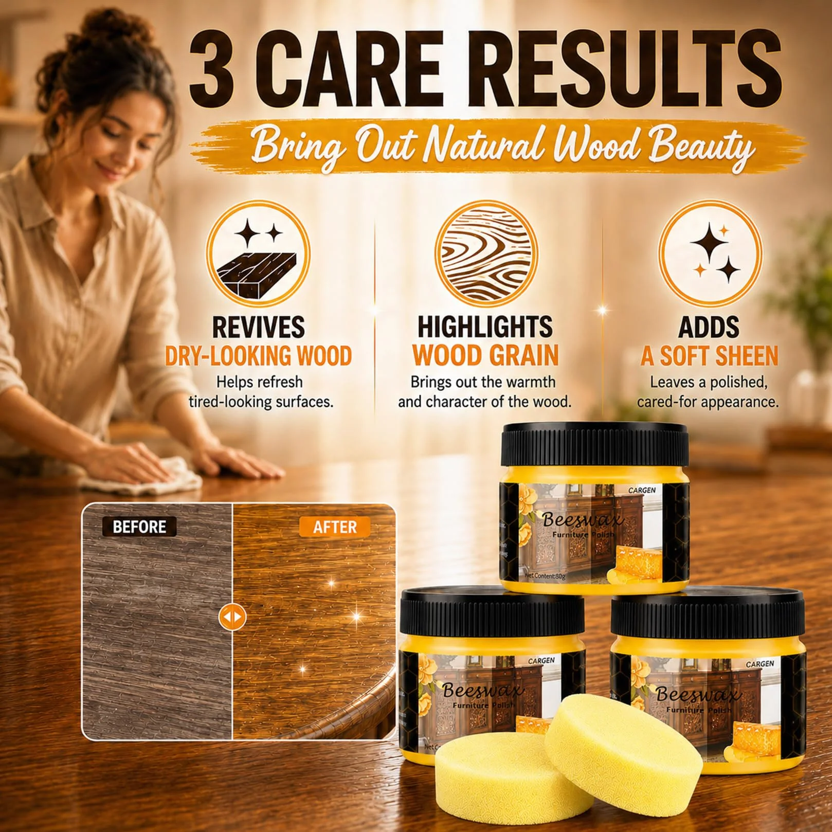 CARGEN Naturalny wosk pszczeli do drewna Wood Seasoning Beewax, 3 szt., tradycyjny, uniwersalny, do polerowania, czyszczenia i pielęgnacji mebli