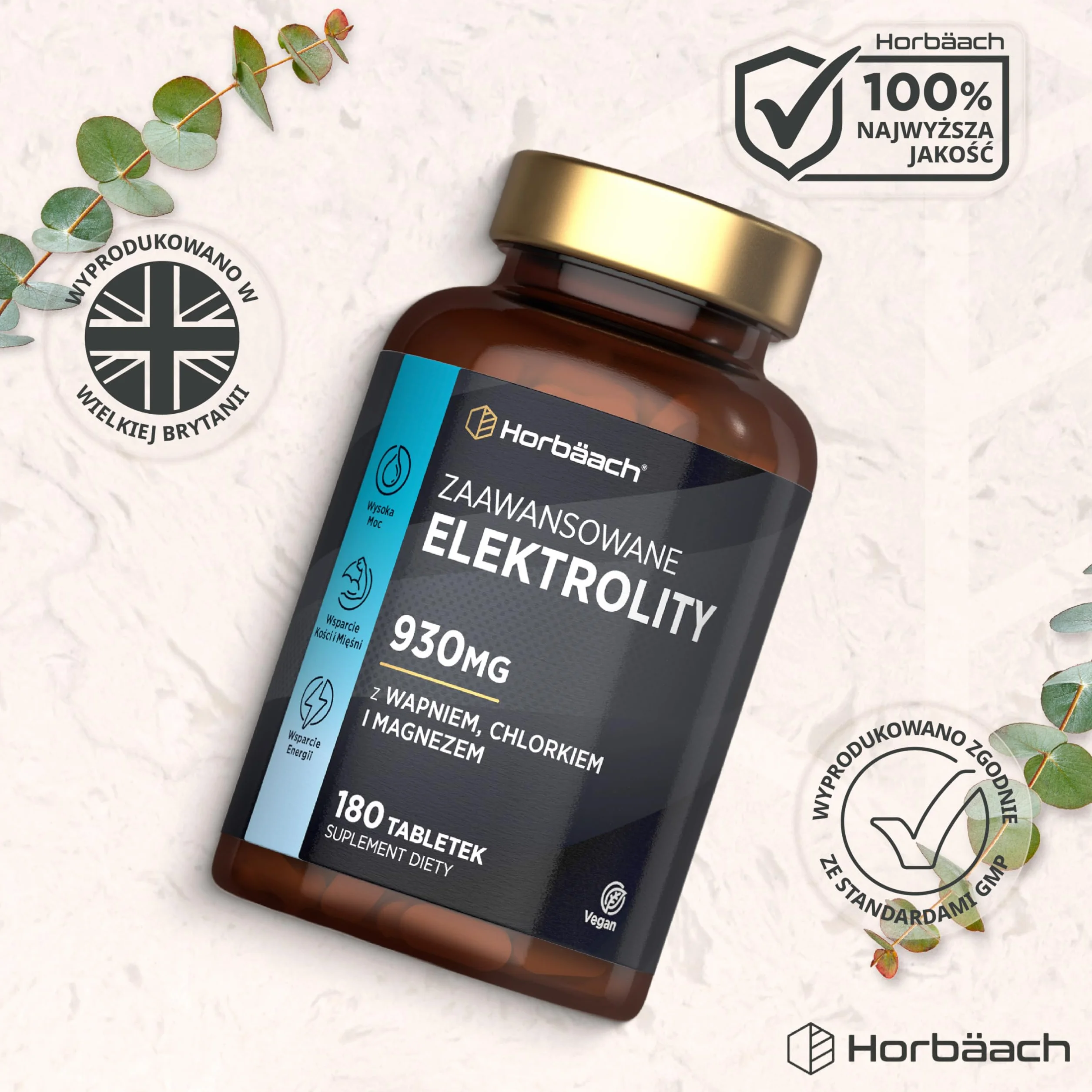 Elektrolity 930mg z Potasem, Chlorkiem, Wapniem, Magnezem i Sodem | Elektrolity w Tabletkach | Alternatywa dla Proszku i Saszetek | Bez cukru | 240 Wegańskich Tabletek | marki Horbaach