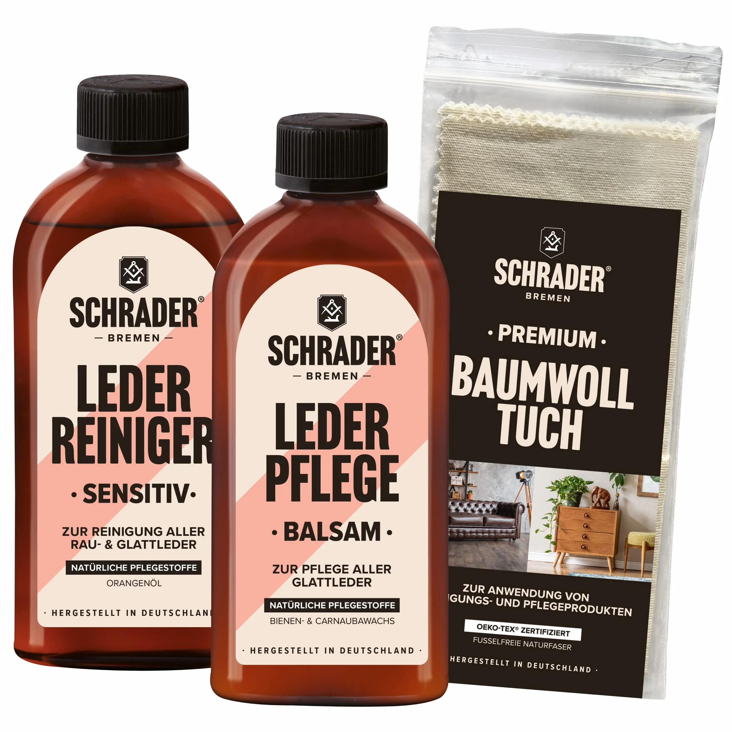 SCHRADER 3-częściowy zestaw do pielęgnacji skóry – środek do czyszczenia, balsamu i ściereczki do polerowania – neutralny kolor – meble skórzane i odzież skórzana, 3-częściowy – Made in Germany