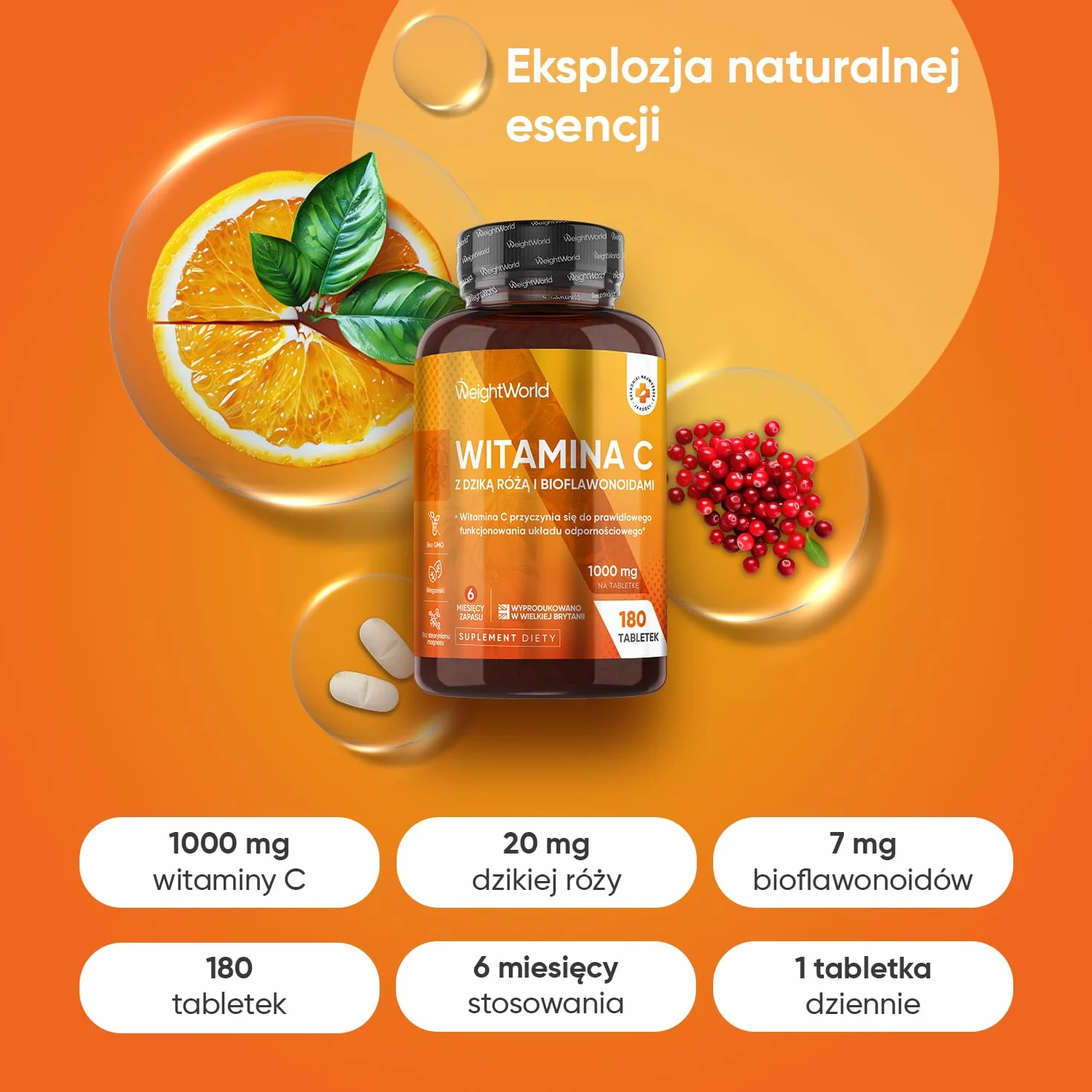 Witamina C 1000 mg, 180 tabletek wegańskich z bioflawonoidami i dziką różą, 6-miesięczna suplementacja – wspiera prawidłowe funkcjonowanie układu odpornościowego (EFSA), bez glutenu i GMO