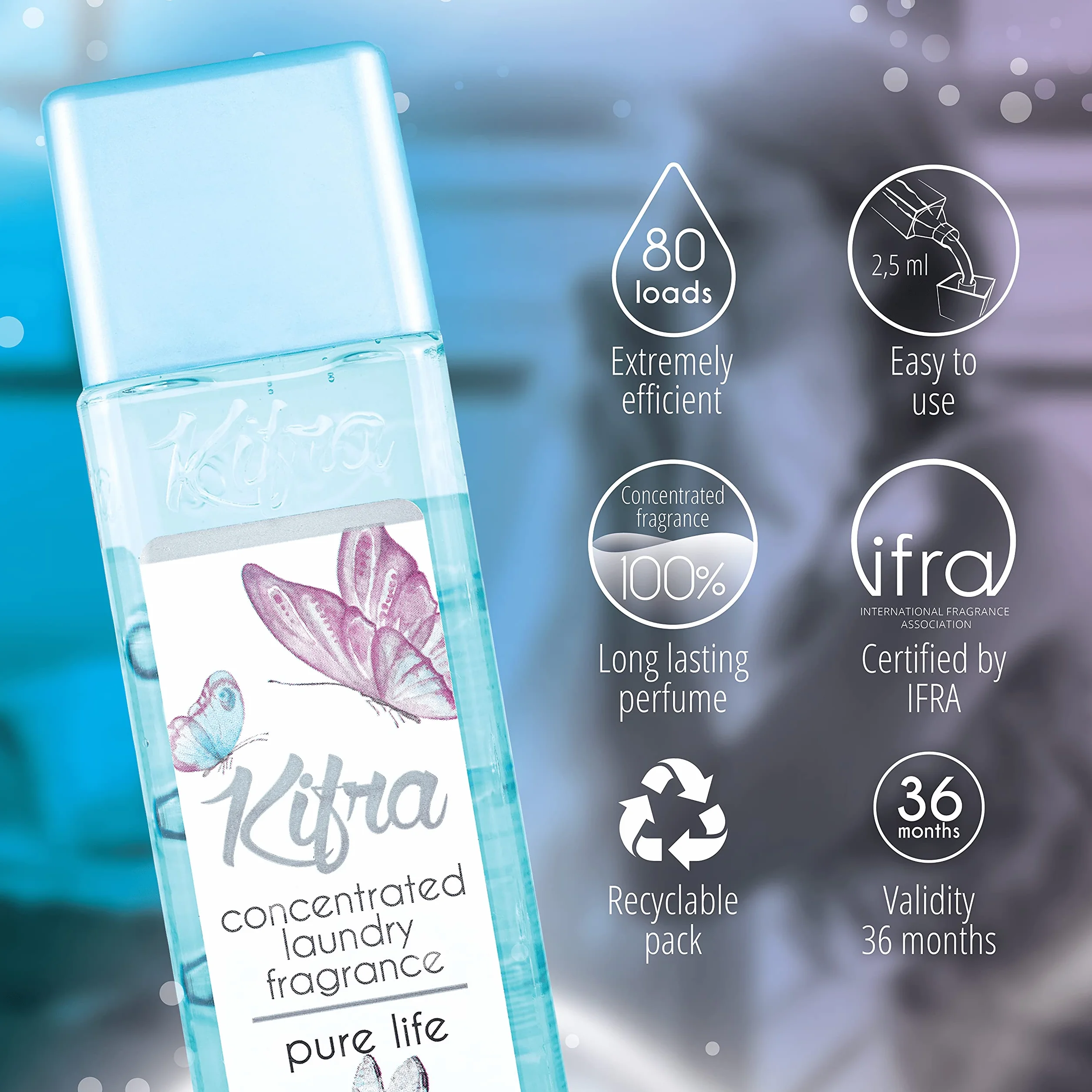 Kifra Pure Life skoncentrowane perfumy do prania, płyn, 200 ml, 80 cykli prania, długotrwały zapach do prania
