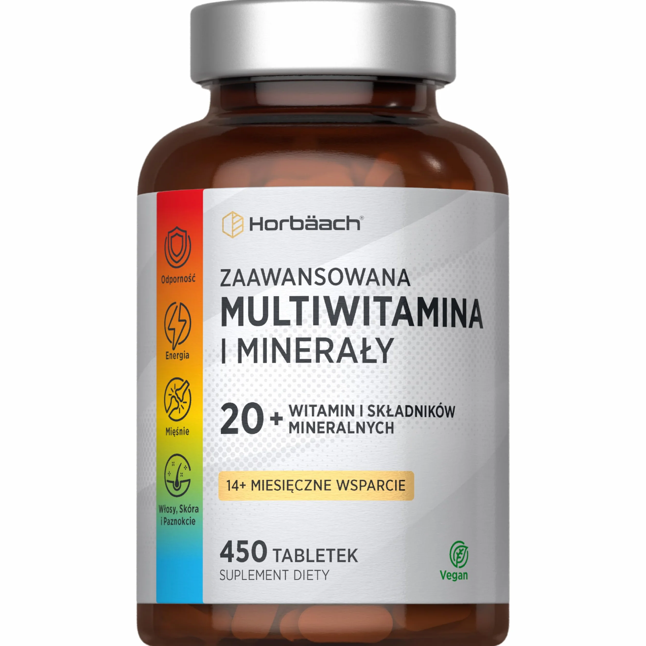 Multiwitamina z Witaminami i Minerałami | 450 Tabletek (13 Miesięcy) | Niezbędne Składniki Odżywcze A–Z, W Tym Witamina D, B12, Cynk i Żelazo | Wegański Suplement | marki Horbaach