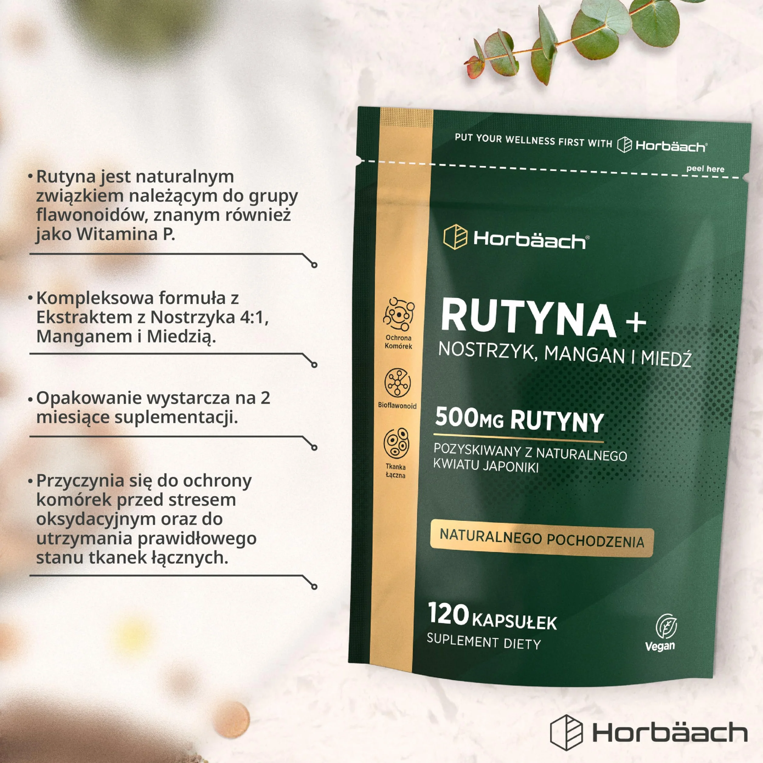 Rutyna 500mg z Nostrzykiem, Manganem i Miedzią | Rutyna Pozyskiwana z Naturalnego Kwiatu Japoniki | 120 Wegańskich Kapsułek | marki Horbaach