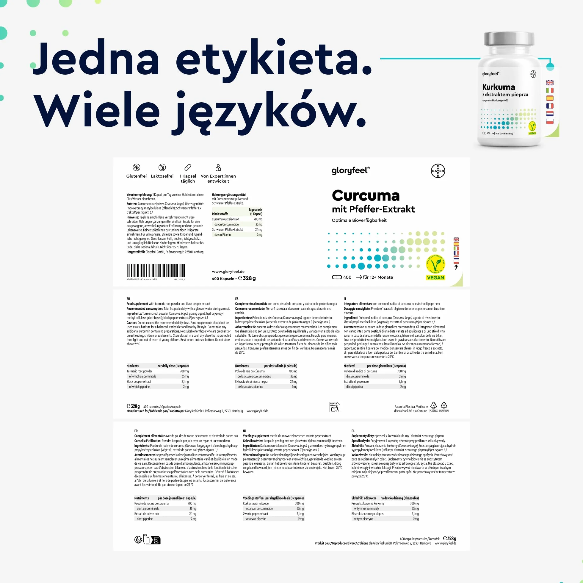 Kurkuma 400 kapsułek (13 miesięcy) - Oryginalna kurkuma w proszku z Indii - 700 mg na kapsułkę z kurkuminą i piperyną - Testowana laboratoryjnie, wegańska i wyprodukowana w Niemczech bez dodatków
