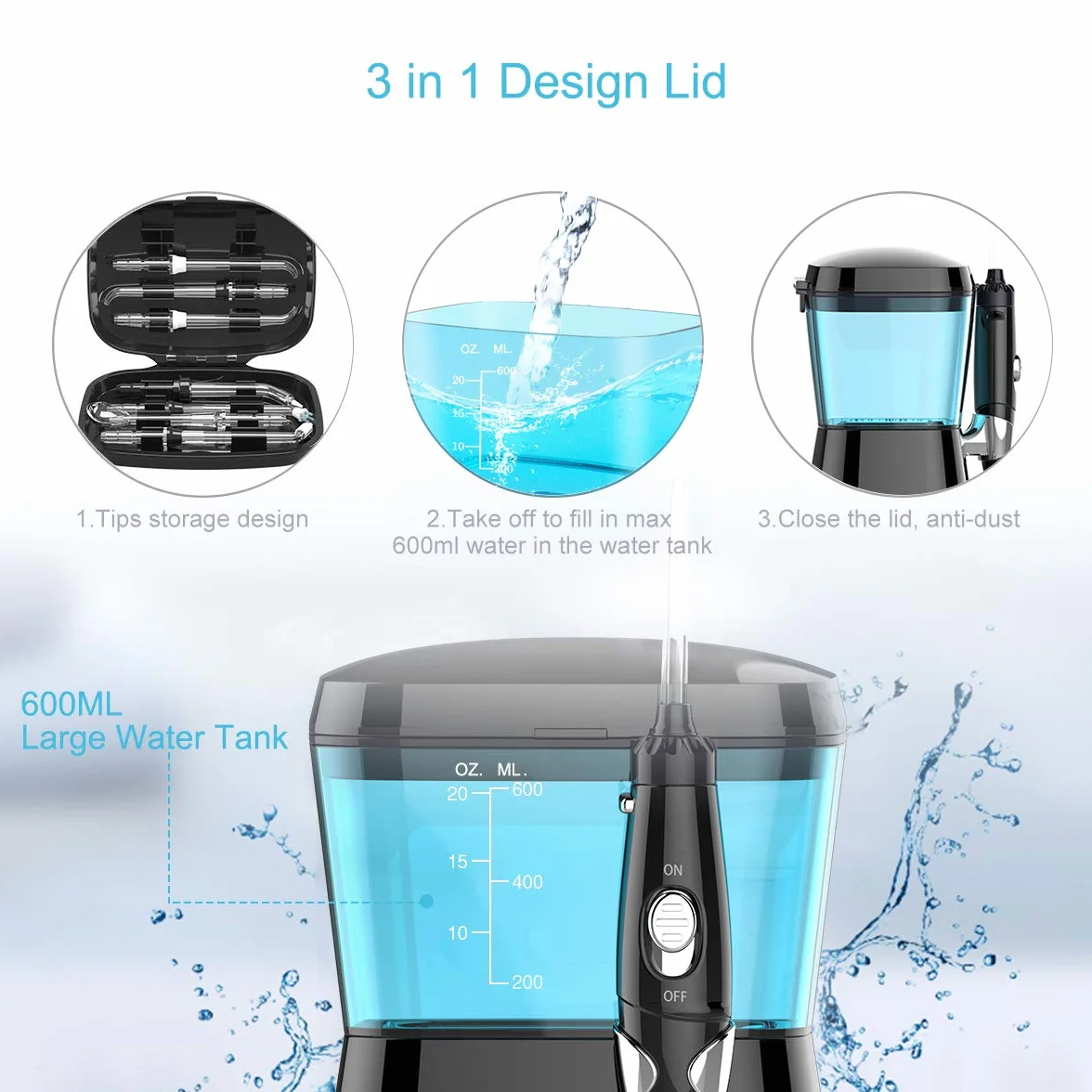 TUREWELL elektryczny irygator do jamy ustnej IPX7 600 ml 10 poziomów 8 dysz czarny