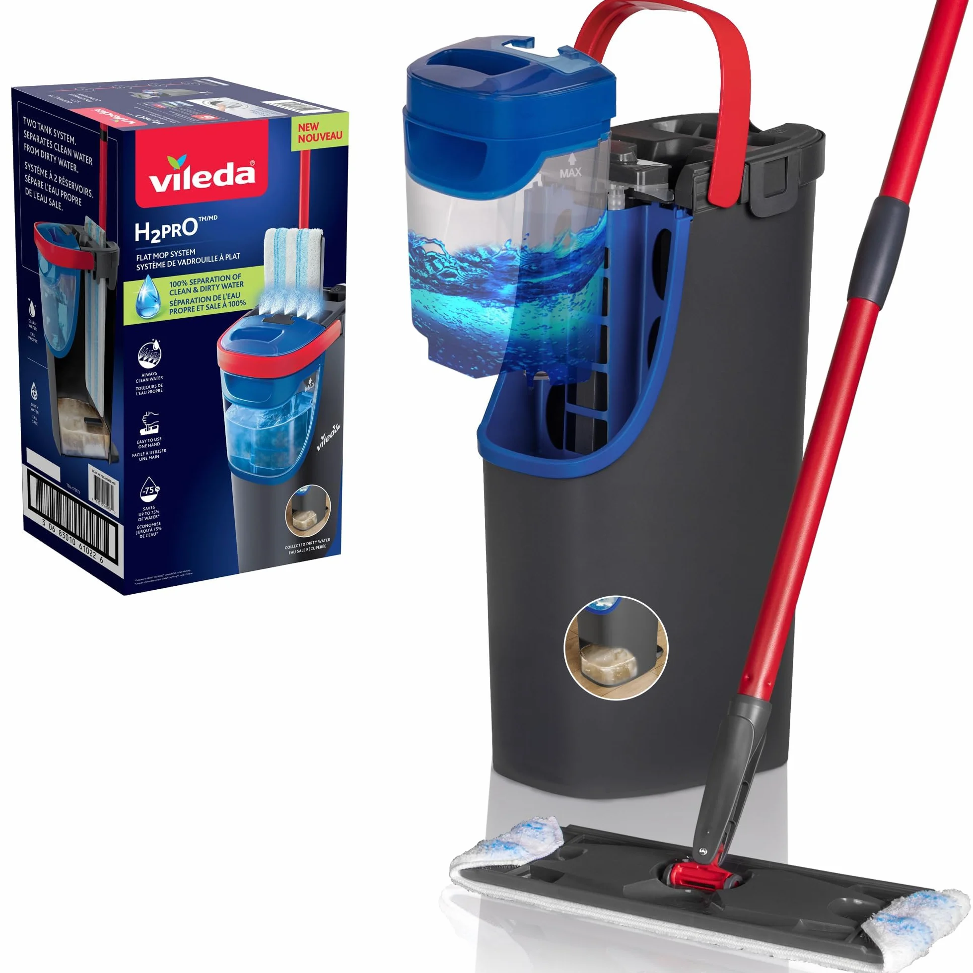 Vileda Zestaw do czyszczenia mopa podłogowego H2PRO płaski trzonek system podwójnego zbiornika