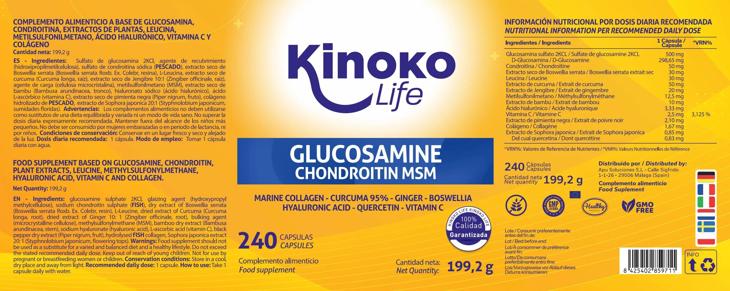 Glukozamina i Chondroityna - 240 kapsułek z MSM, kolagenem morskim, kwasem hialuronowym, kurkumą, czarnym pieprzem, imbirem, boswellią i kwercetyną. Na stawy, chrząstki i kości