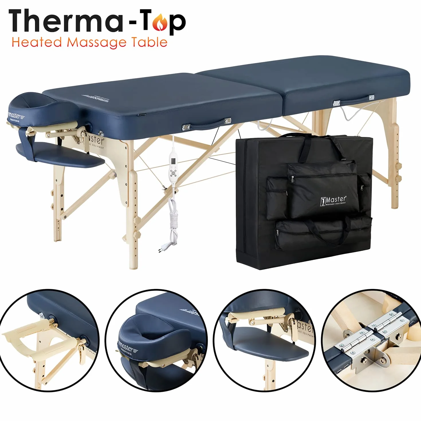 MASTER MASSAGE EQUIPMENT Phoenix Mobil składany leżak do masażu 71 cm zintegrowany system ogrzewania drewno królewski błękit