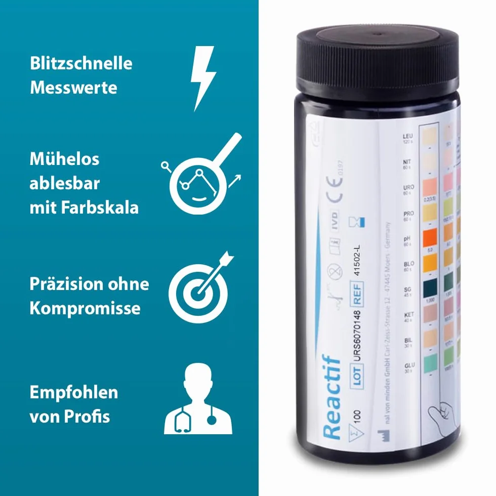 Test zdrowia Reactif: Test moczu 10 parametrów - 100 pasków testowych do moczu | Analiza moczu | Test szybki z skalą kolorów