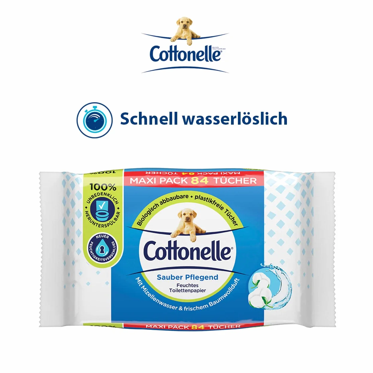 Cottonelle Wilgotny papier toaletowy, czysty, pielęgnacyjny, woda micelarna i zapach bawełny, opakowanie maksimum, 6 x 84 ściereczki toaletowe