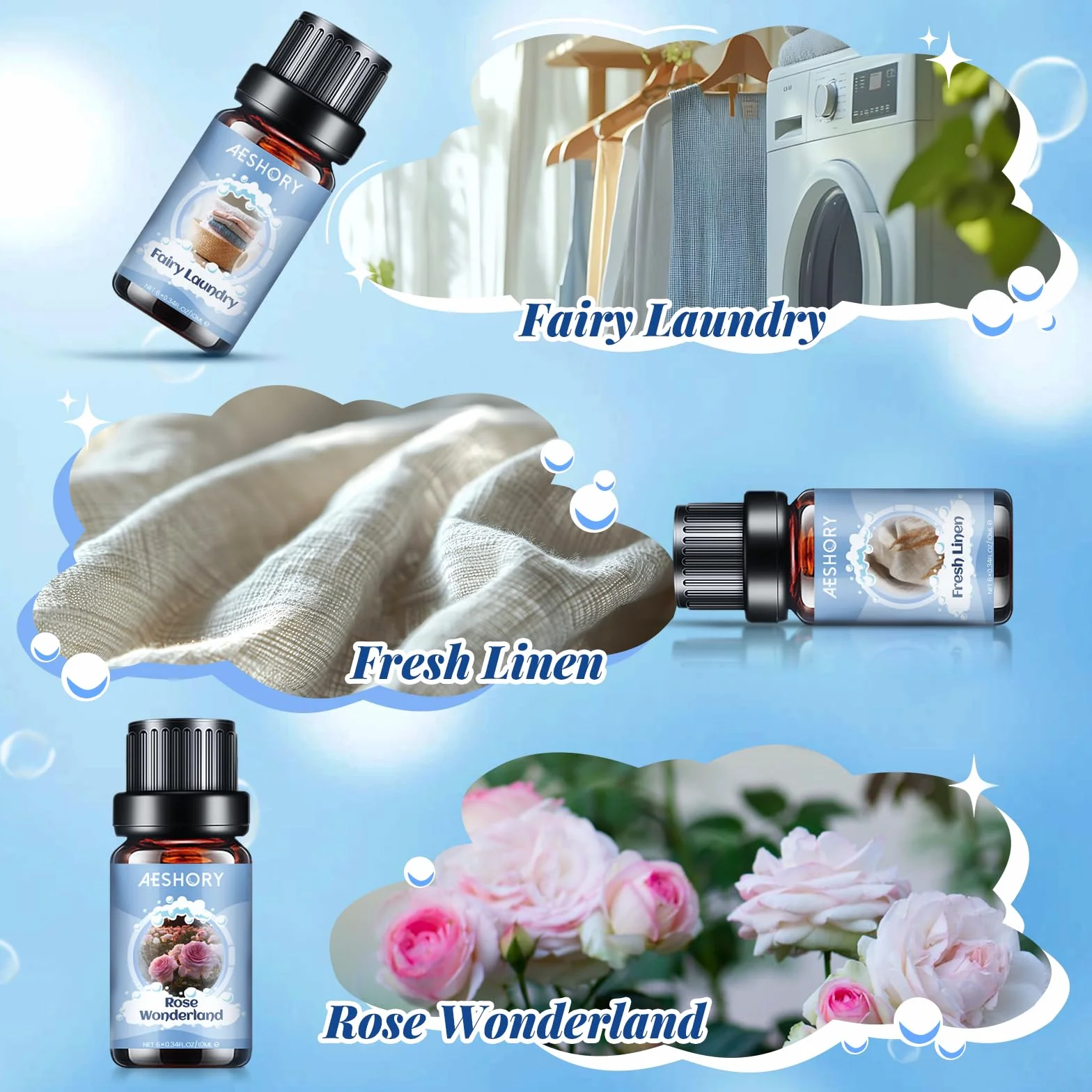 Zestaw Olejków Eterycznych Do Prania 6x10ml, Naturalny Olejek Zapachowy Do Dyfuzora, Czyszczenie – Niesamowicie Świeży, Len, Bawełna, Eukaliptus I Mięta, Pranie Jak Wróżka, Różany Cud