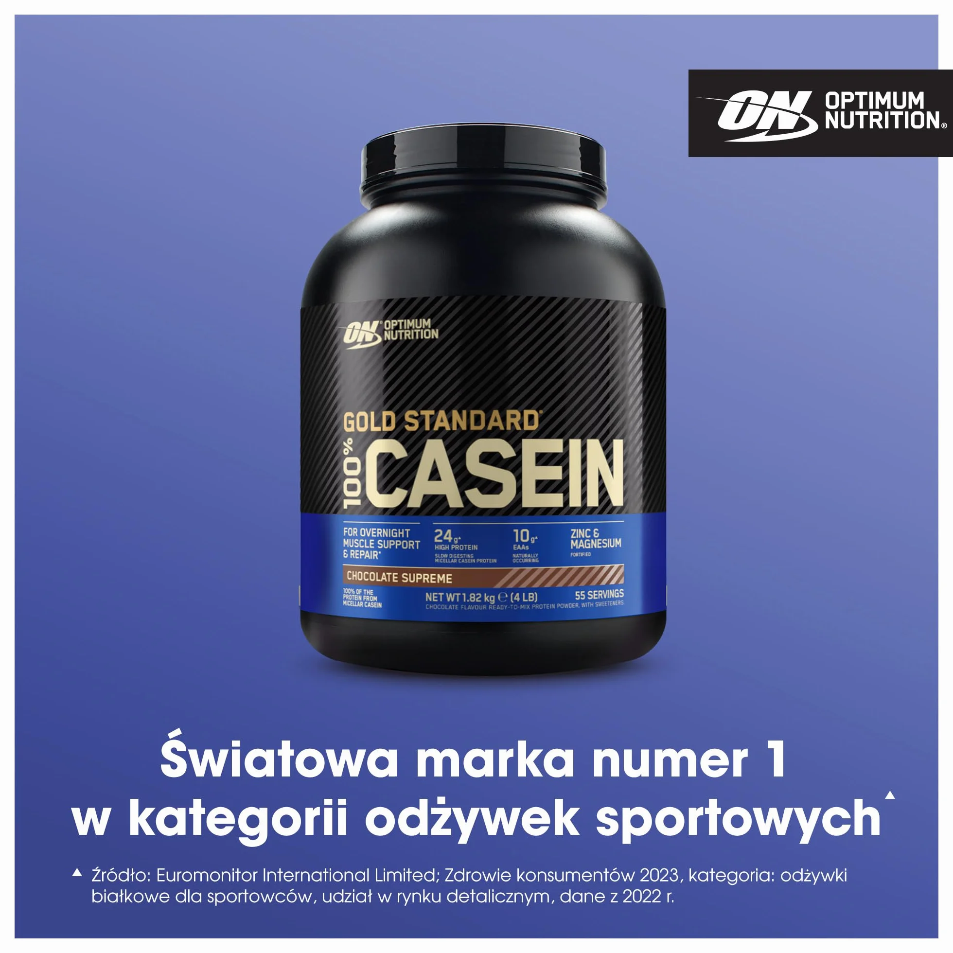 Optimum Nutrition Gold Standard 100% Casein Wolno przyswajalna odżywka na noc, smak Chocolate Supreme, 1,82 kg, 55 porcji