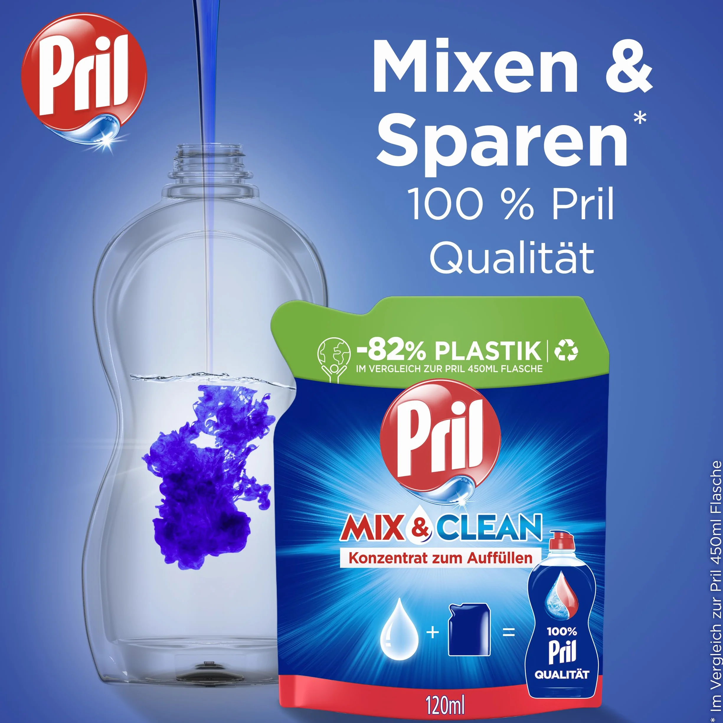 Pril Mix & Clean koncentrat do napełniania (120 ml), płyn do ręcznego mycia naczyń o najwyższej mocy rozpuszczania tłuszczu, do czystych naczyń również w zimnej wodzie, 82% mniej plastiku