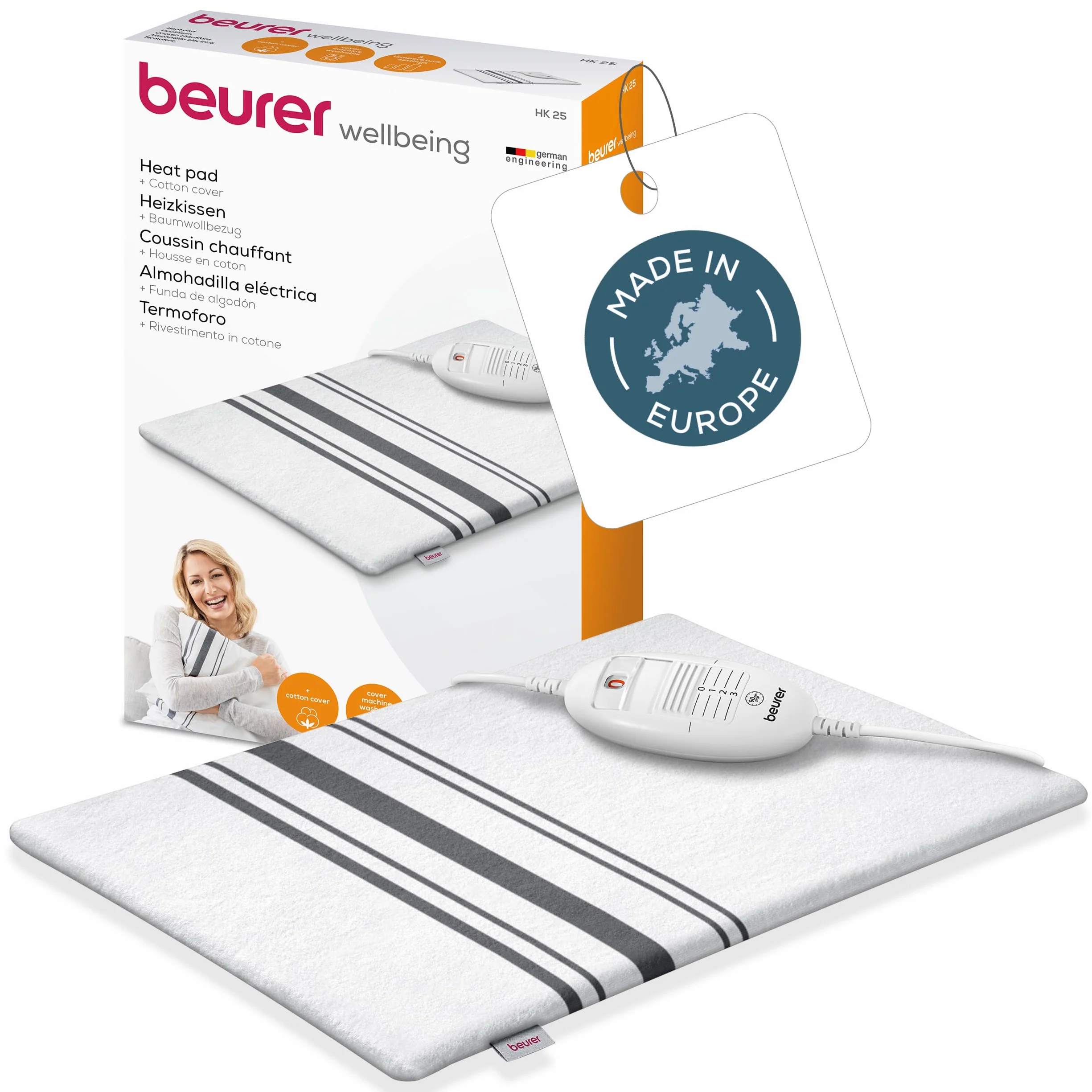 Beurer HK 25 poduszka grzewcza 40x30 cm, 3 poziomy temperatury, automatyczne wyłączanie, pranie w pralce, biało-szara