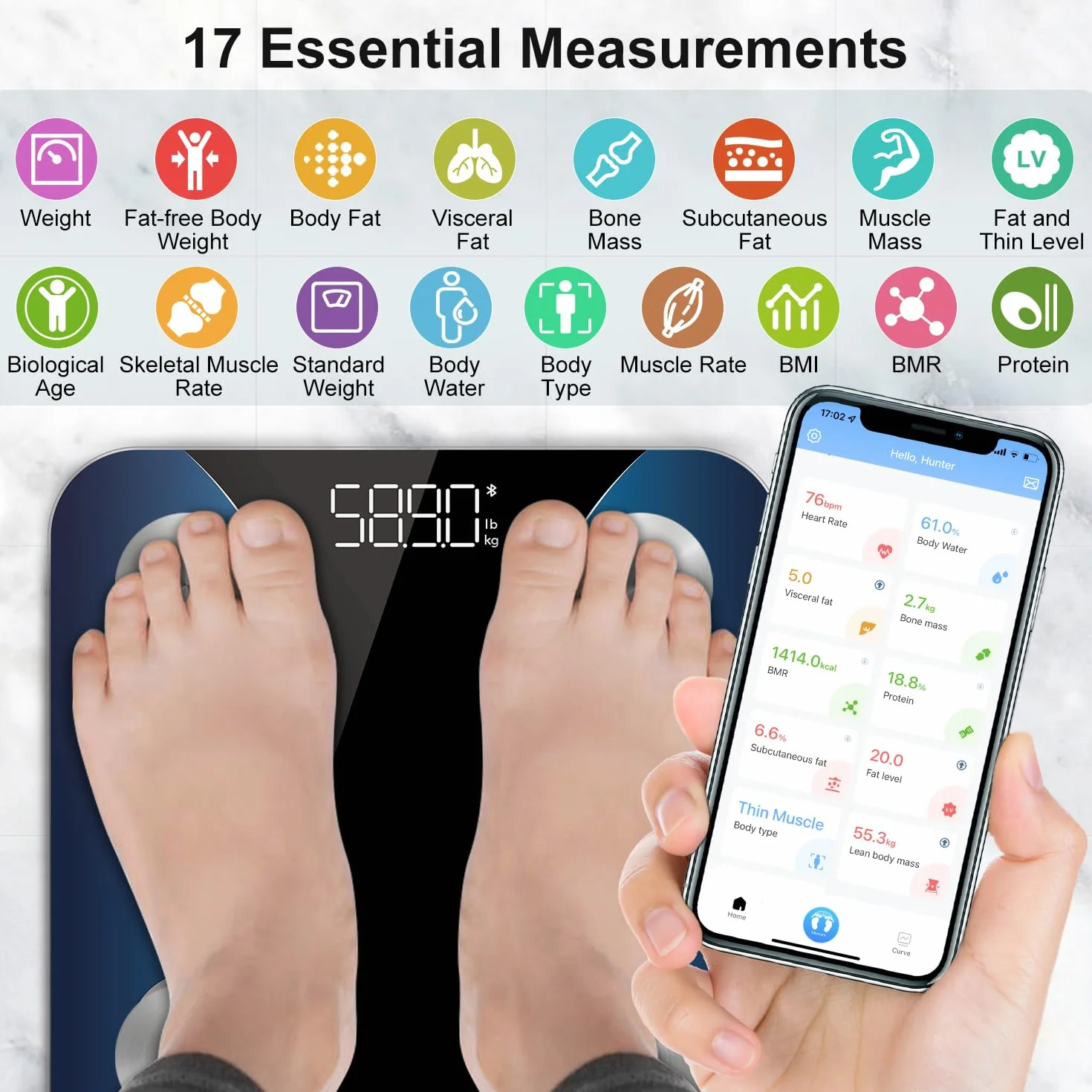 INSMART Waga do masy ciała, cyfrowa osobista inteligentna waga z aplikacją, waga Bluetooth do tkanki tłuszczowej, BMI, wagi, tętna, masy mięśniowej, wody, białka, masy kości, BMR itp. Bllue