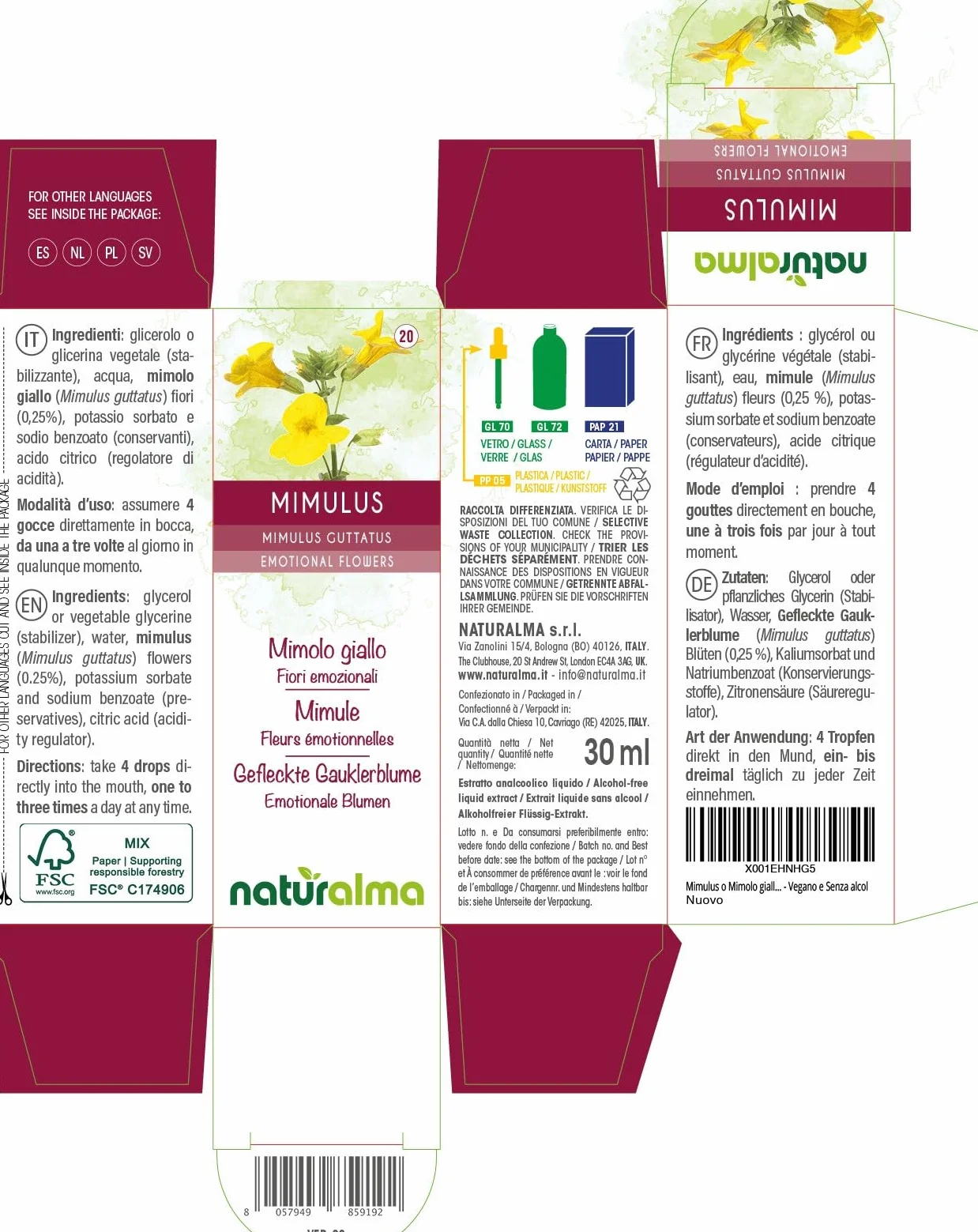 Mimulus lub Kroplik żółty (Mimulus guttatus) Kwiaty emocji lub Kwiaty Bacha Naturalma - Krople 30 ml - Płynny ekstrakt bezalkoholowy - Esencje kwiatowe - Wegański