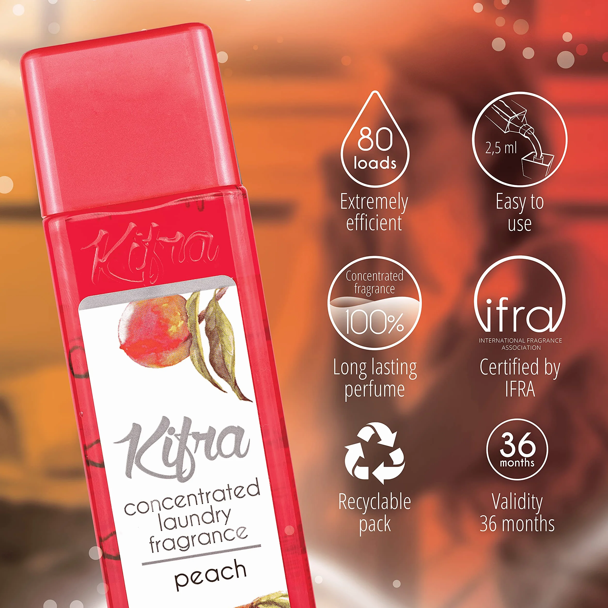 KIFRA Peach skoncentrowane perfumy do prania 200 ml, 80 cykli prania, długotrwały zapach prania