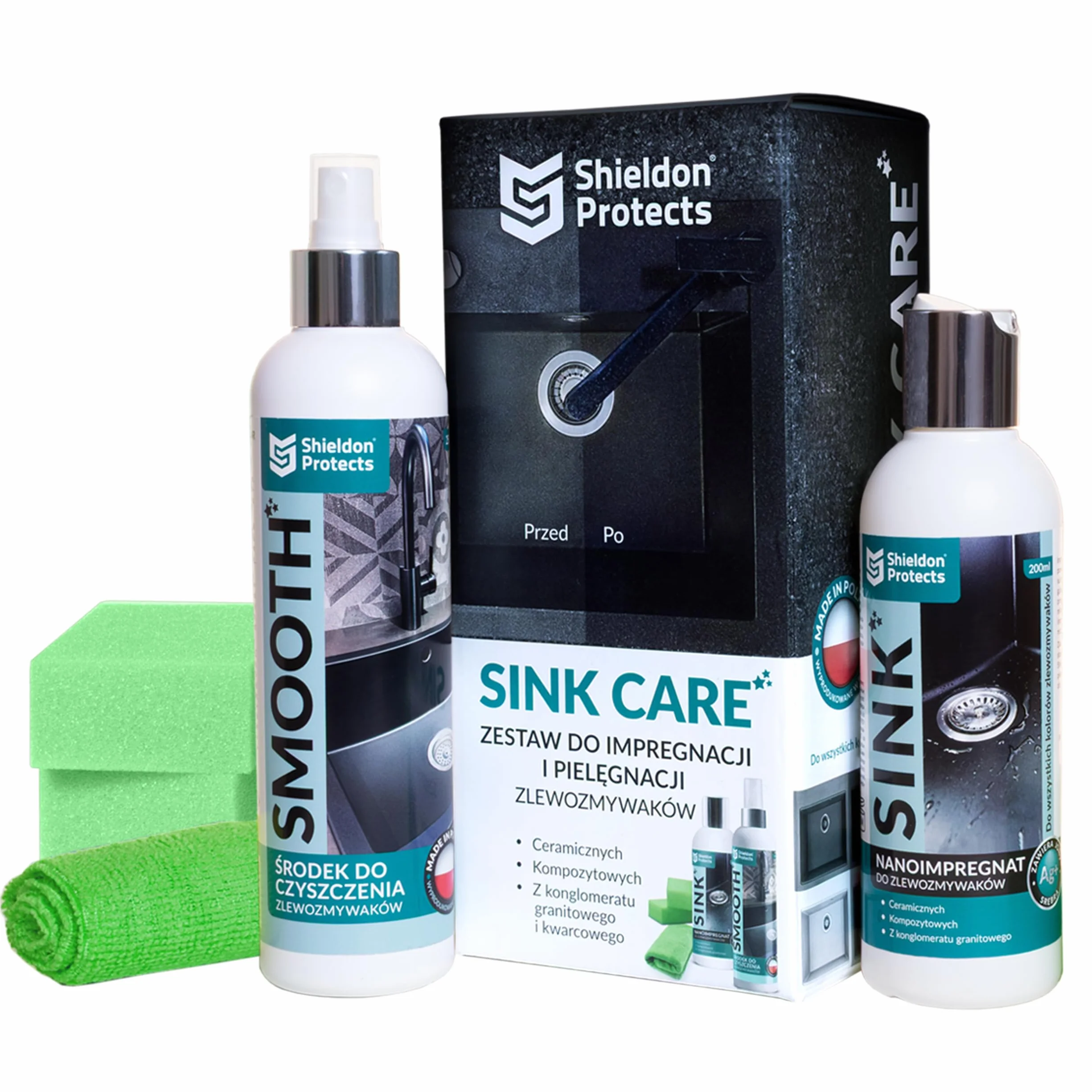 Zestaw do czyszczenia i pielęgnacji zlewozmywaków Shieldon Protects Sink Care - Impregnat do zlewu granitowego + płyn do czyszczenia - usuwa codzienne zabrudzenia, wydobywa kolor, nabłyszcza i chroni