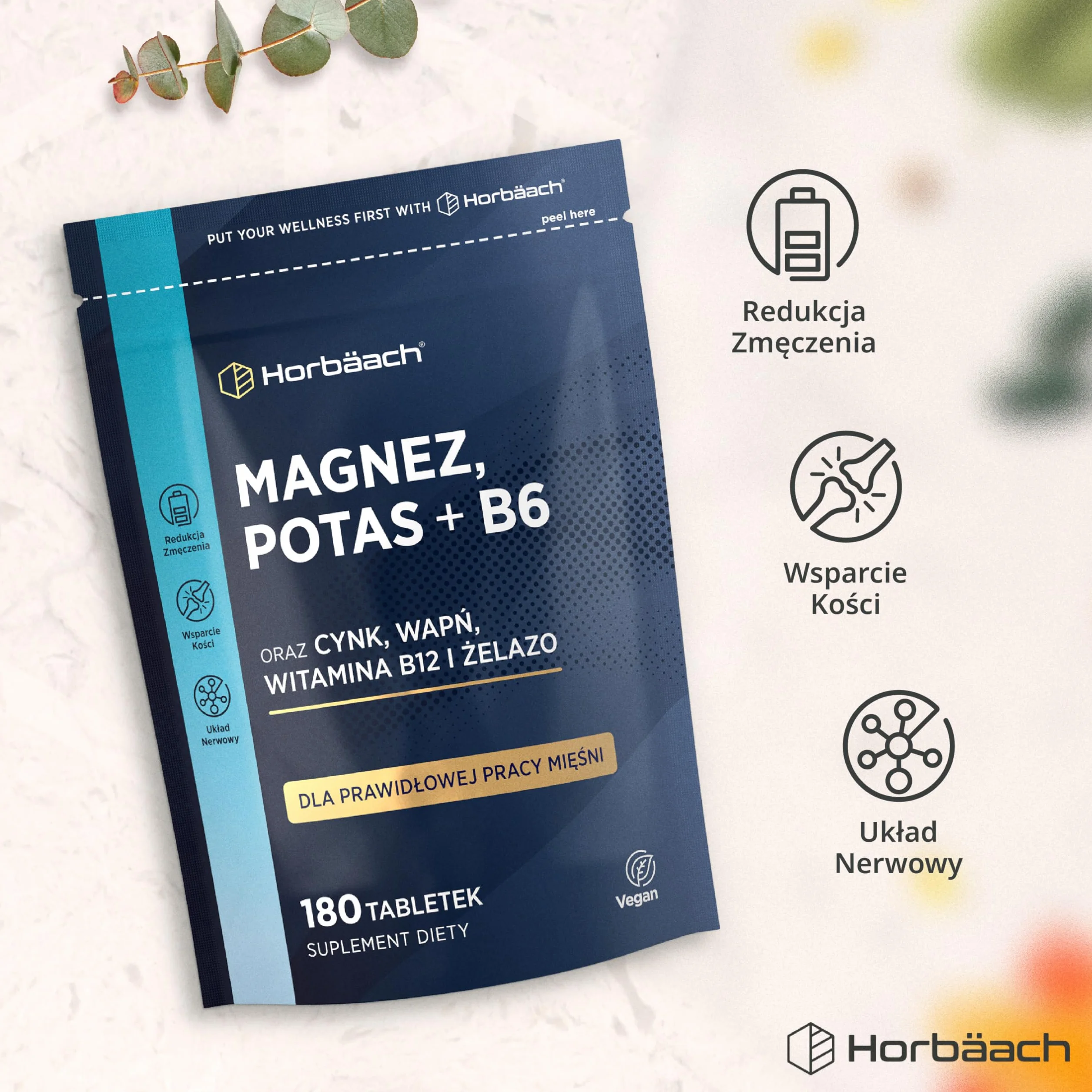Magnez, Potas i Witamina B6 w Tabletkach | Kompleks z Cynkiem, Wapniem, Witaminą B12 i Żelazem | Kompleks Witamin i Minerałów | 180 Wegańskich Tabletek - Zapas Na 6 Miesięcy | marki Horbaach