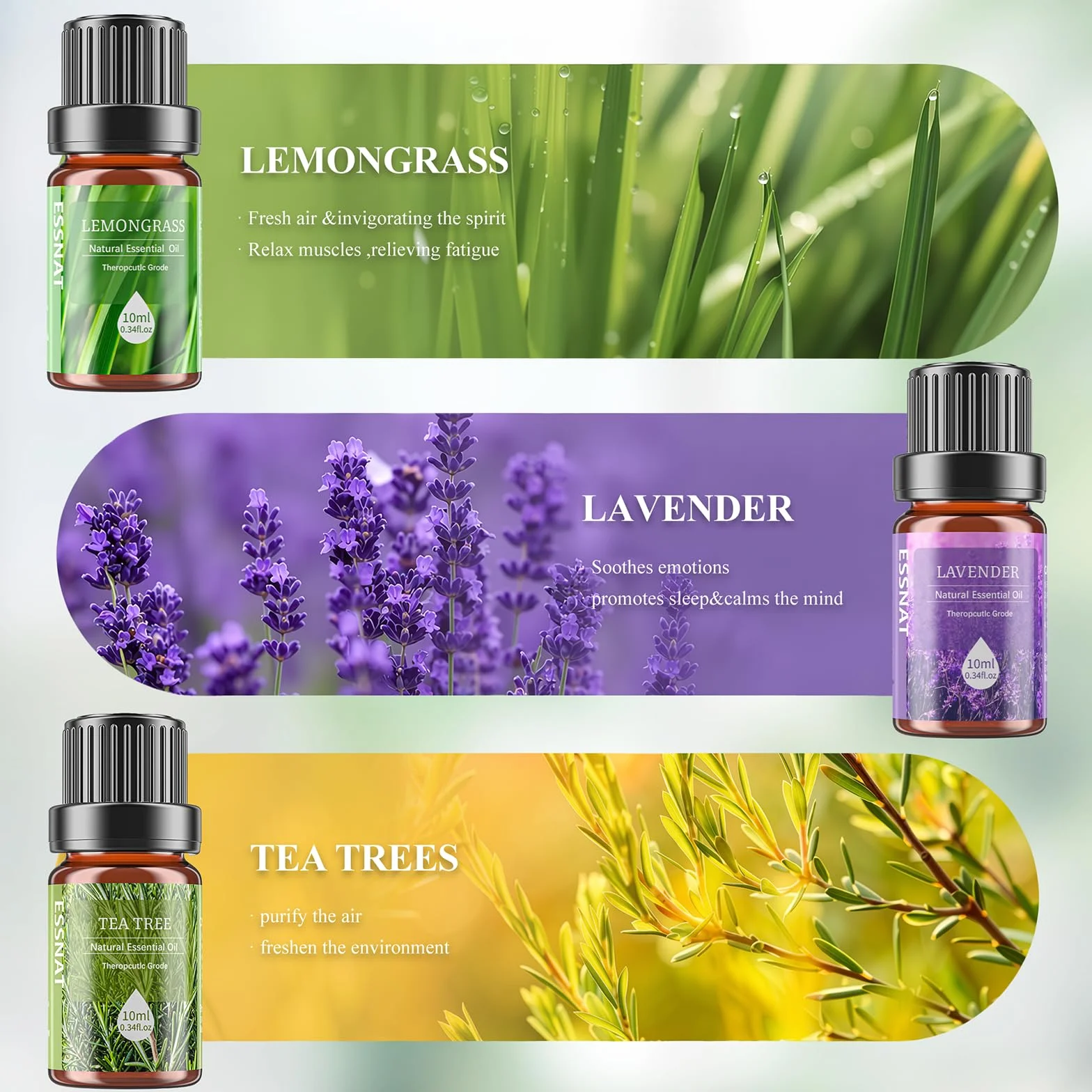 Olejki Eteryczne 6x10ml Zestaw do Dyfuzora, Naturalne Aromaterapia, Lawenda Eukaliptus Drzewo Herbaciane Mięta Pomarańcza Trawa Cytrynowa, Relaks Spa Dom Prezent