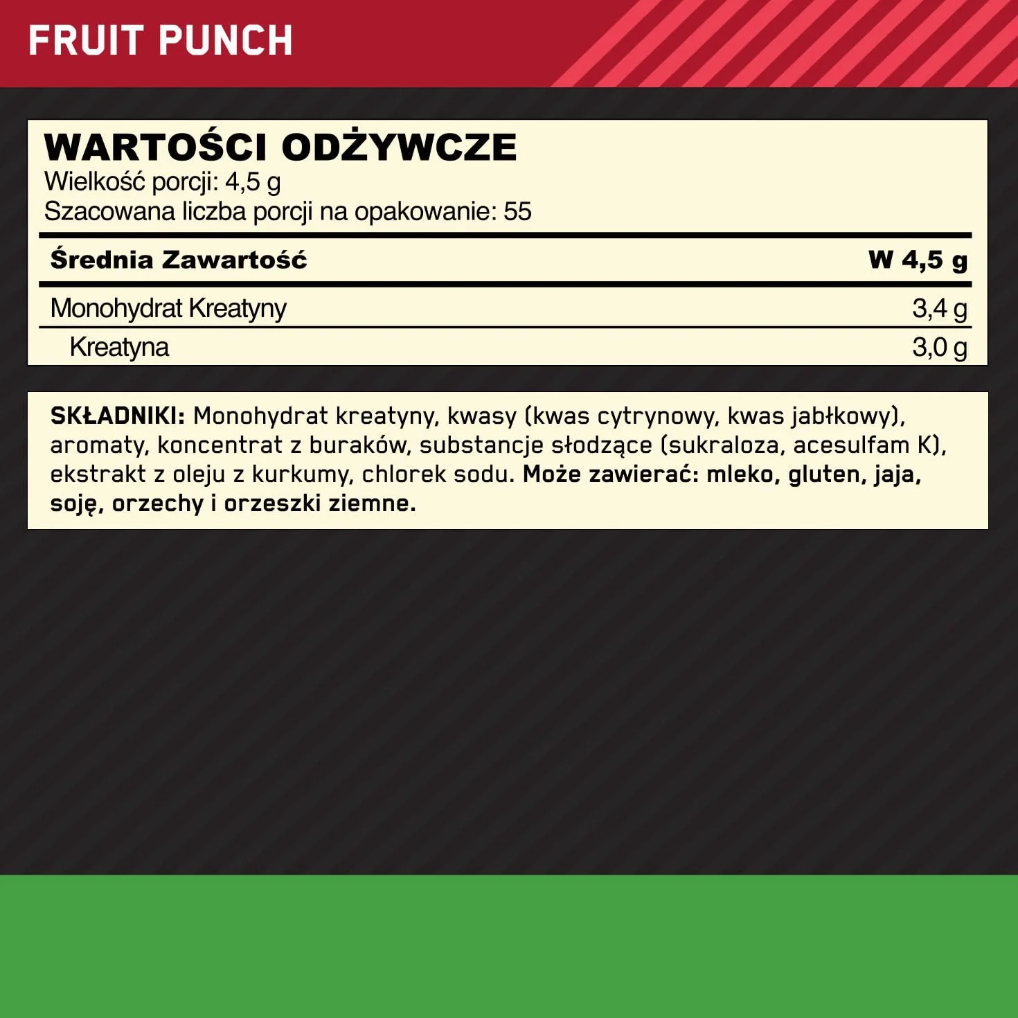 Optimum Nutrition Mikronizowana Kreatyna w Proszku, Poncz Owocowy, 247.5g, 55 Porcji