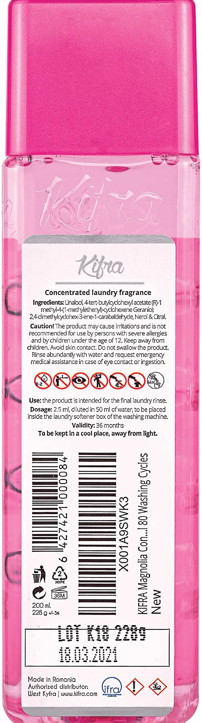 KIFRA Magnolia skoncentrowane perfumy do prania, 200 ml, 80 cykli prania, długotrwały zapach do prania