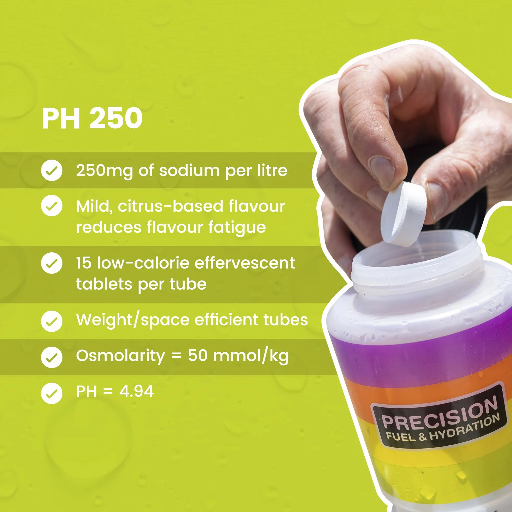 Precision Hydration Tabletki musujące - elektrolity na skurcze - niskokaloryczne, bezglutenowe, wegańskie (250 mg/l - zielona rurka, 1 rurka)