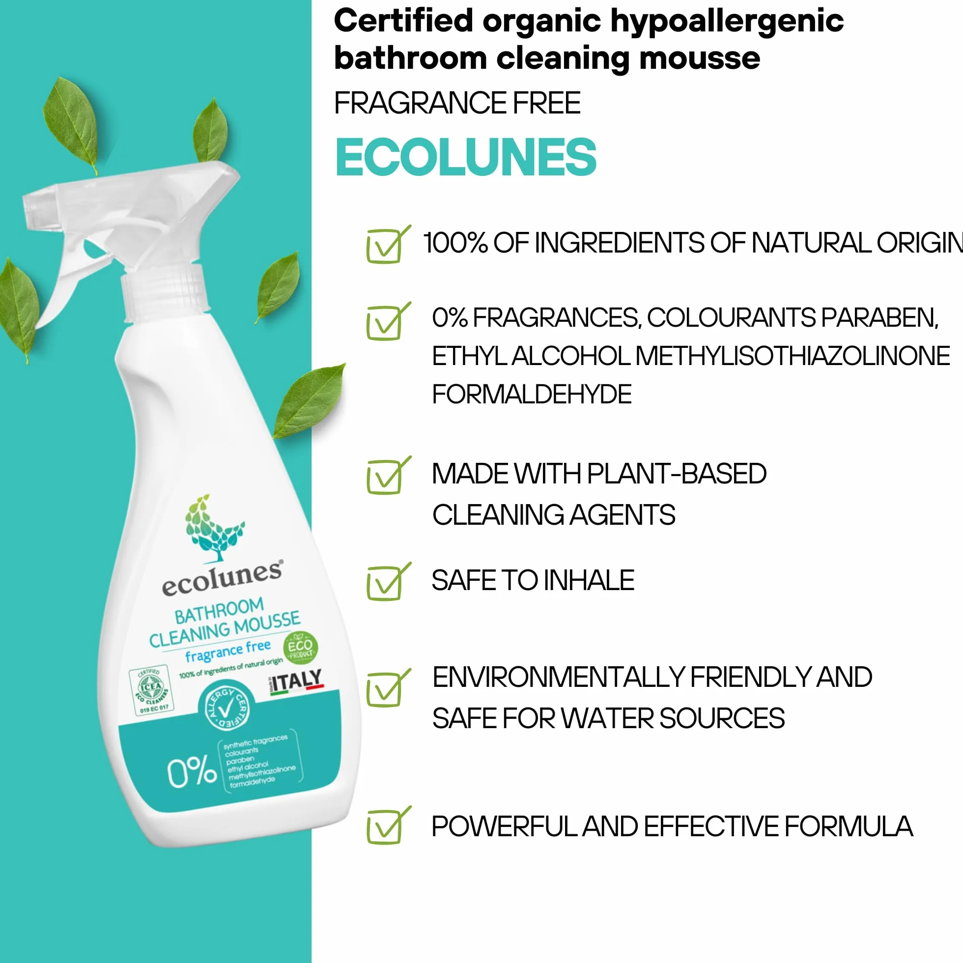Ecolunes Bathroom Cleaning Mousse Fragrance Free, pianka do czyszczenia łazienki, bezzapachowa, w 100% ze składników pochodzenia naturalnego, nie powoduje alergii, 500 ml