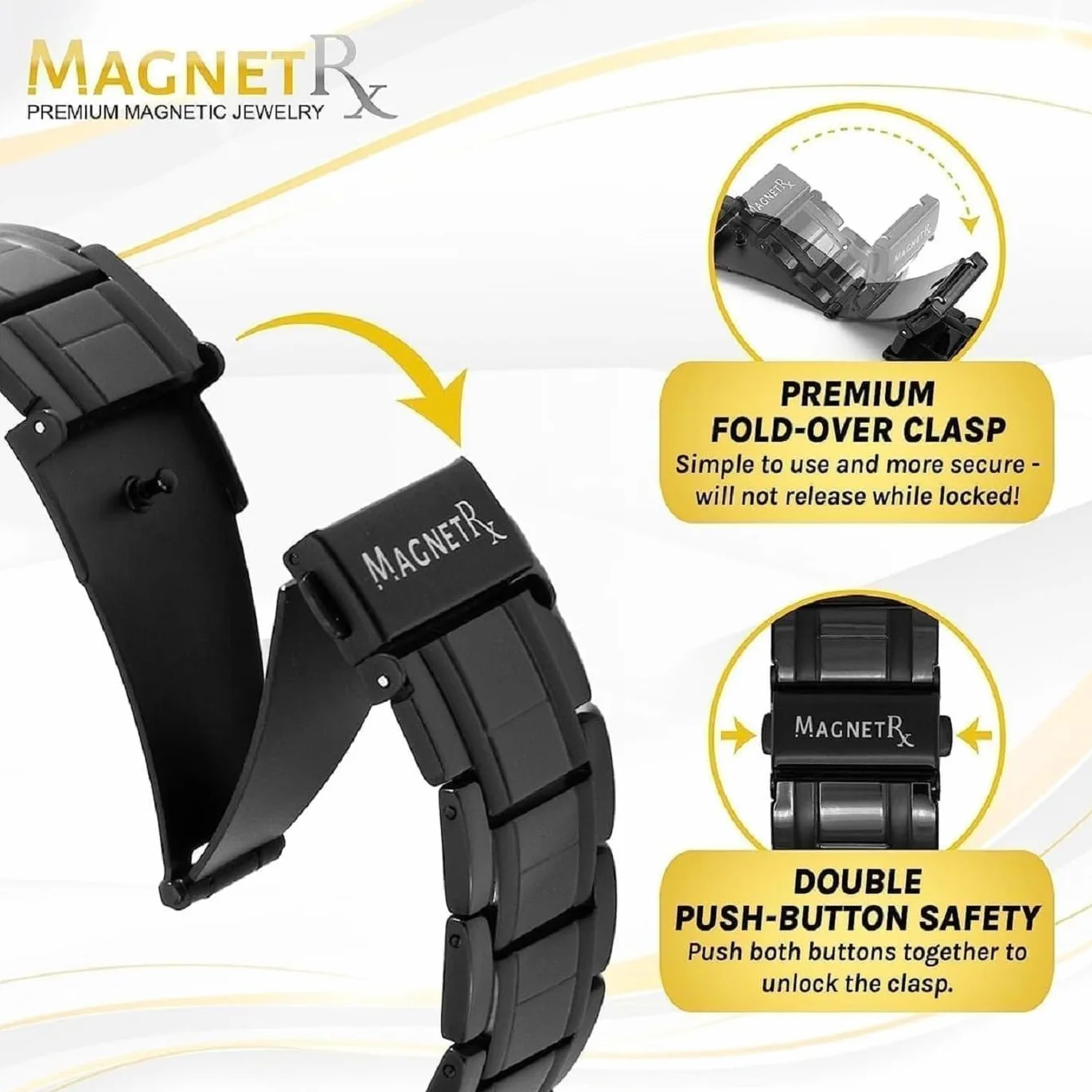 MagnetRX® Bransoletka Magnetyczna 3X dla Mężczyzn – Tytanowa Bransoletka z Magnesami – Regulowana Długość, Zapięcie na Zatrzask, Narzędzie do Dopasowania i Pudełko Prezentowe (Czarna)