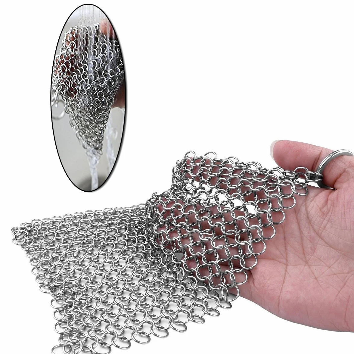 TOPULORS Żeliwna patelnia Chainmail szczotka do czyszczenia z pierścieniem wiszącym kwadrat 18x18 cm