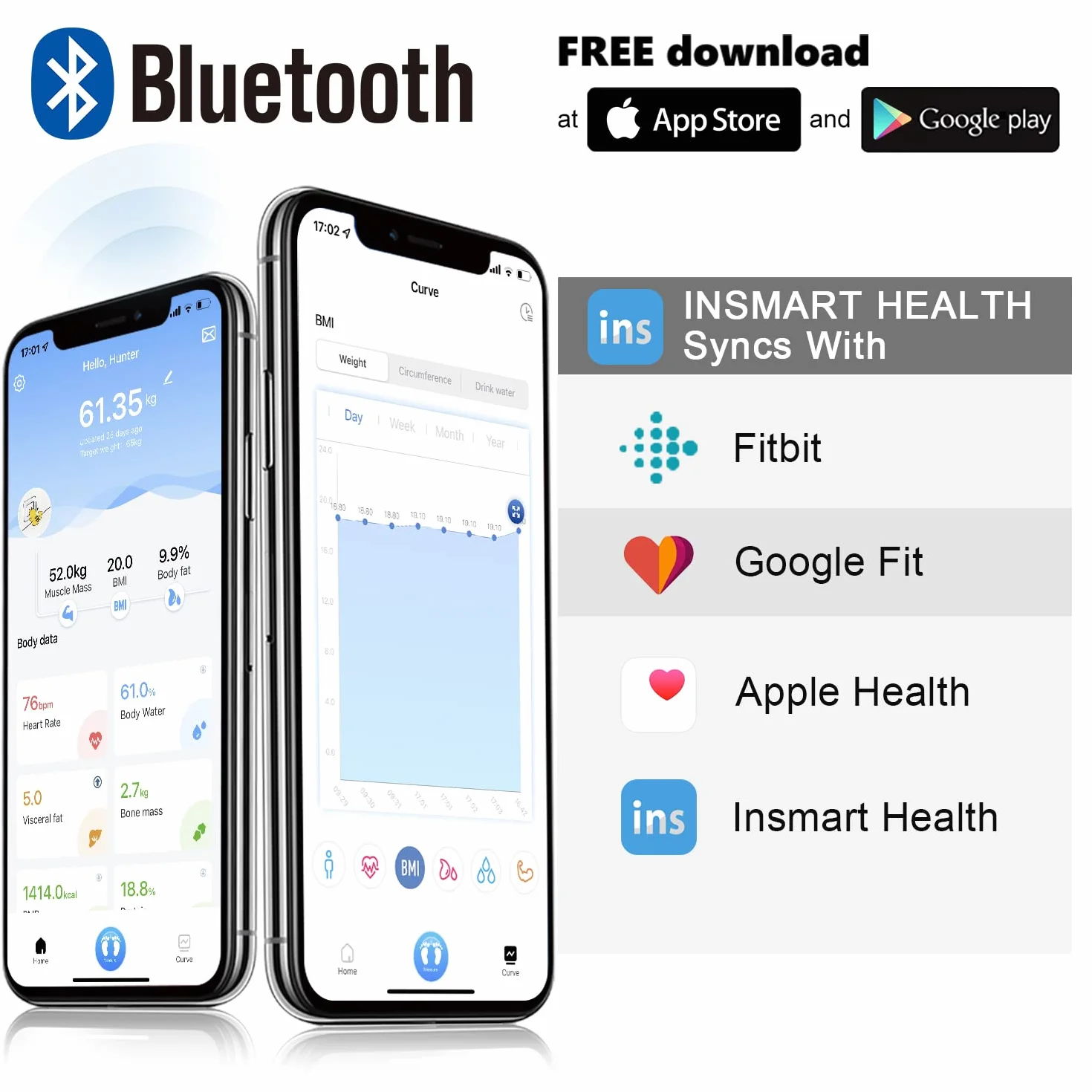 INSMART Waga do masy ciała, cyfrowa osobista inteligentna waga z aplikacją, waga Bluetooth do tkanki tłuszczowej, BMI, wagi, tętna, masy mięśniowej, wody, białka, masy kości, BMR itp. Bllue
