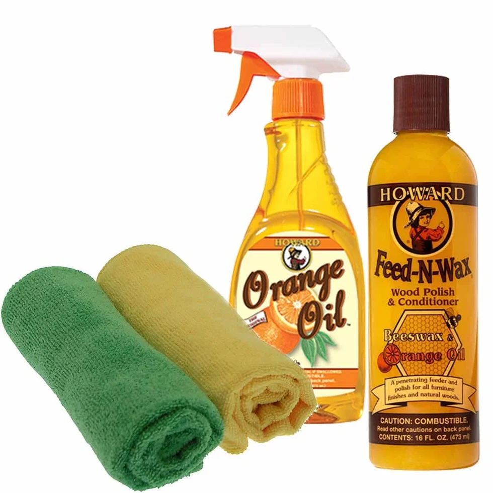 Howard Feed-N-Wax Lakier do drewna z pomarańczowym olejem do czyszczenia mebli Odżywka z wosku pszczelego do renowacji antyków, w tym dwie ściereczki z mikrofibry, zestaw 4-częściowy