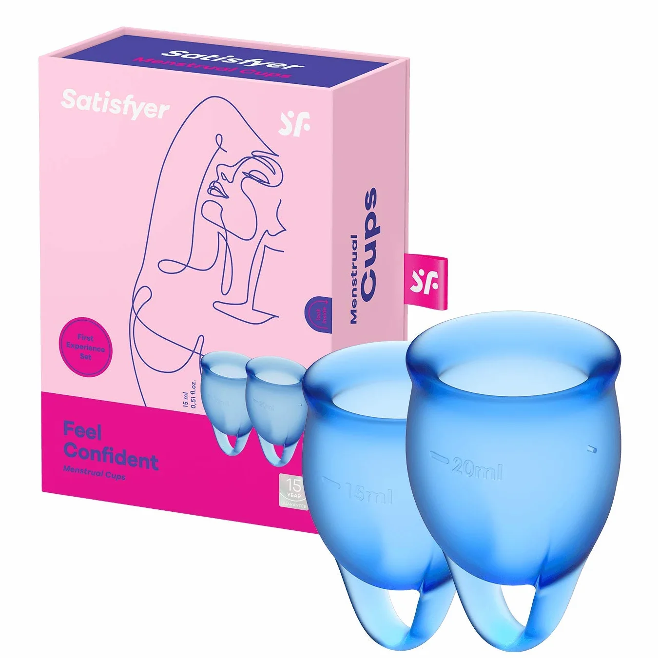 Satisfyer, kubeczki menstruacyjne,Feel Confident - Menstrual Cup Set', 2 sztuki, 15 i 20 ml, wielokrotnego uzytku, trwale, latwe do czyszczenia, kolor:niebieski