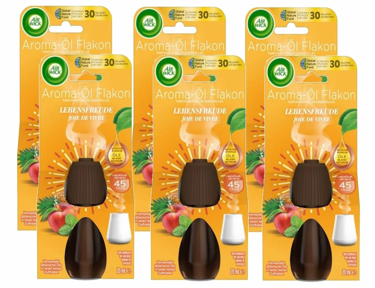 Air Wick Flakon olejku aromatycznego – olejek zapachowy wkład do dyfuzora Air Wick – zapach: radość życia – 6 x 20 ml olejek eteryczny