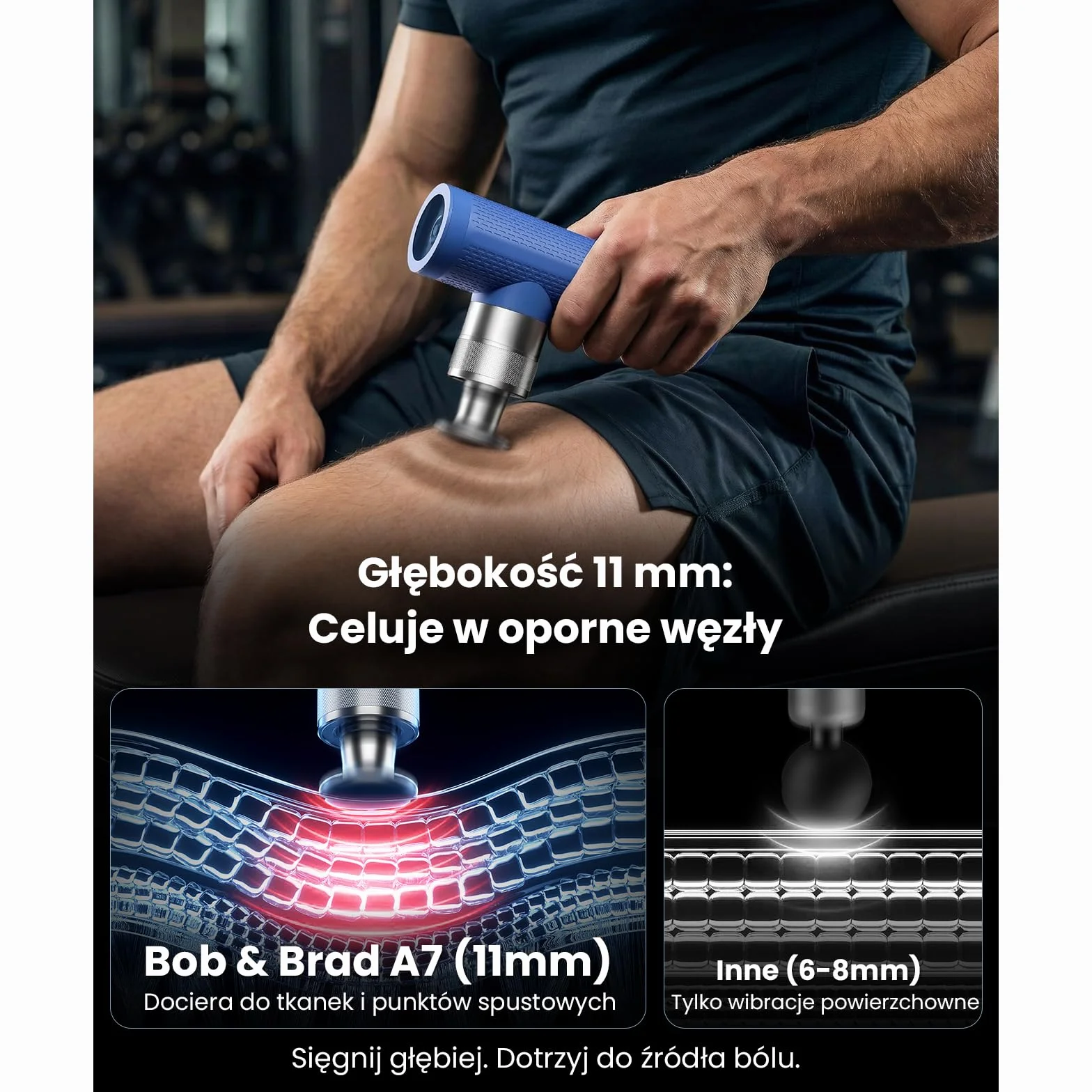Bob and Brad A7 Mini Pistolet do Masażu 11 mm, Mięśni Głębokich, USB-C, Niebieski