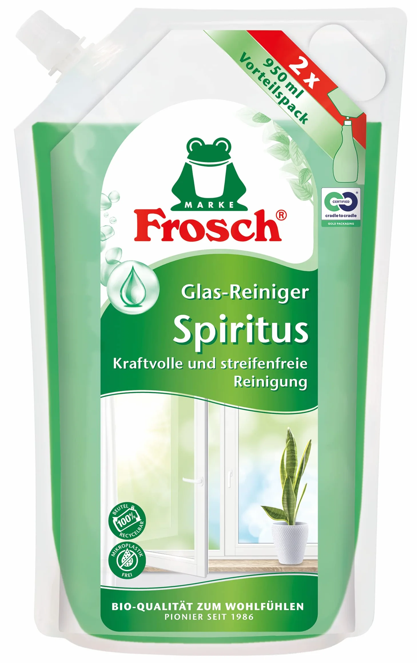 Frosch Spiritus środek do czyszczenia szyb, doskonały połysk bez smug – do gospodarstwa domowego, powierzchni i szyb samochodowych, worek uzupełniający, 1 opakowanie (1 x 950 ml)