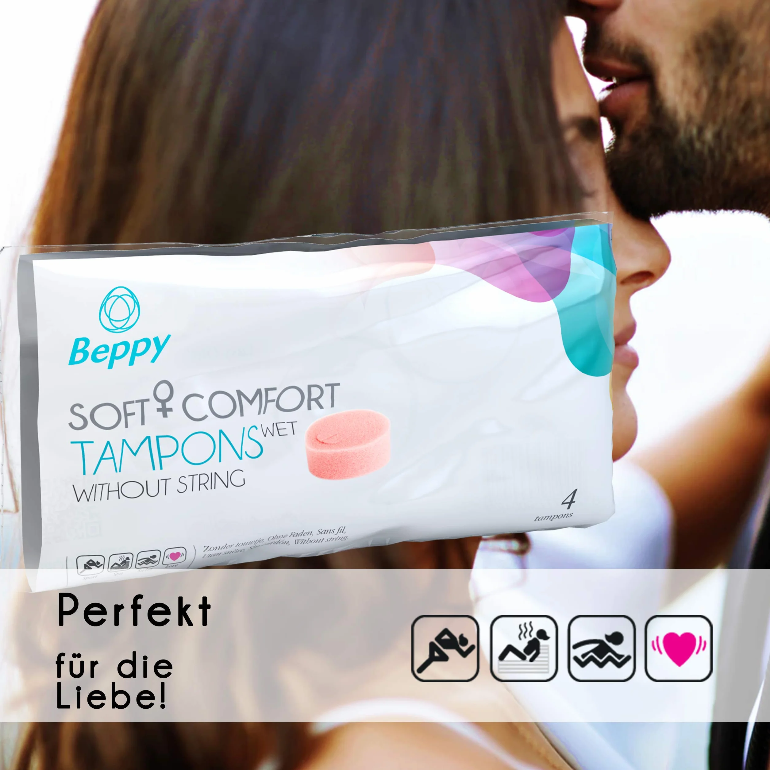 Beppy WET 4 sztuki w pudełku – pojedynczo higienicznie zapakowane, wilgotne, bez nici, miękkie tampony i tampony z gąbką, zapewniają większą swobodę w okresie (miłość, sauna, sport, pływanie)