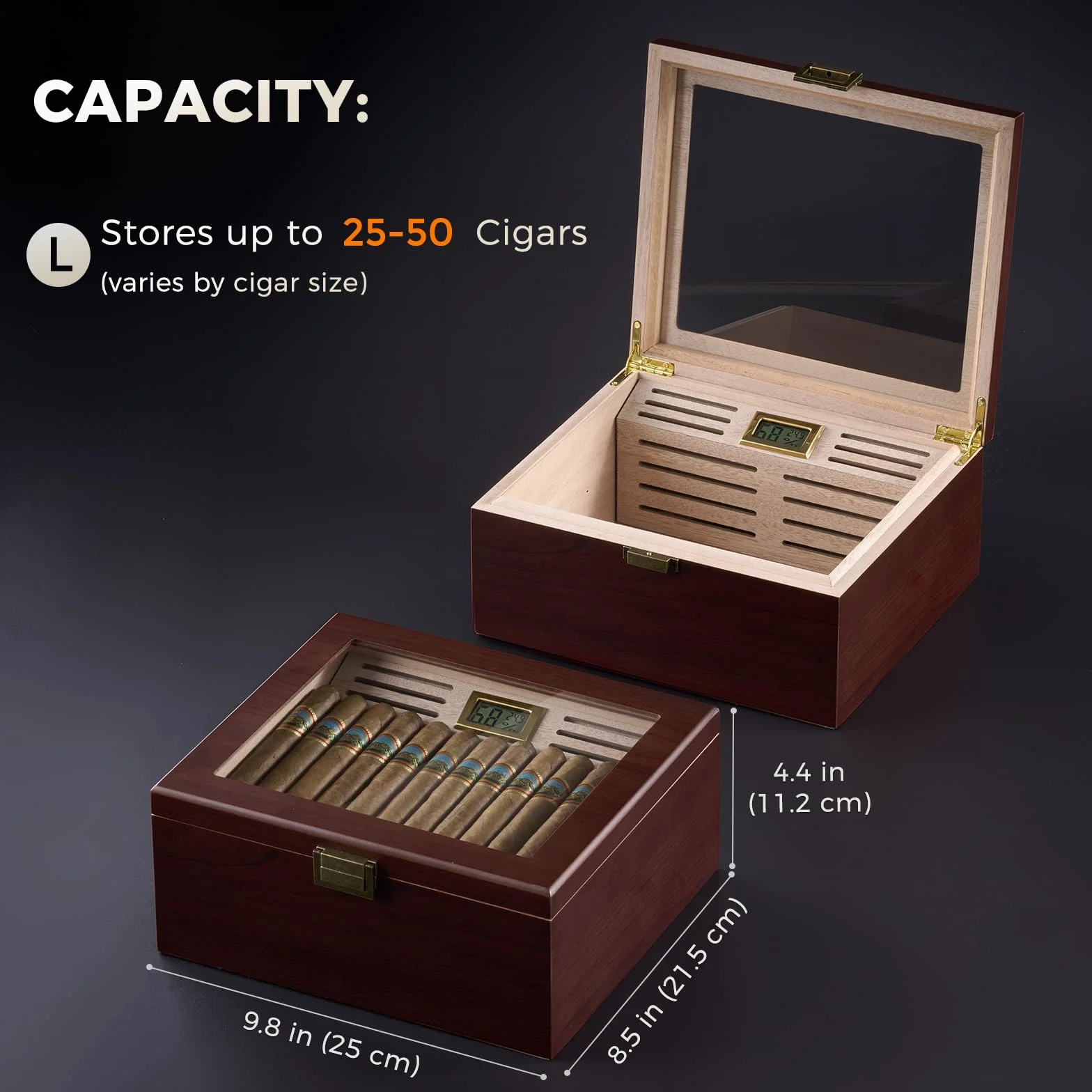 ProCase Humidor do cygar z drewna cedrowego, cyfrowy higrometr, szklany blat, duży, brązowy